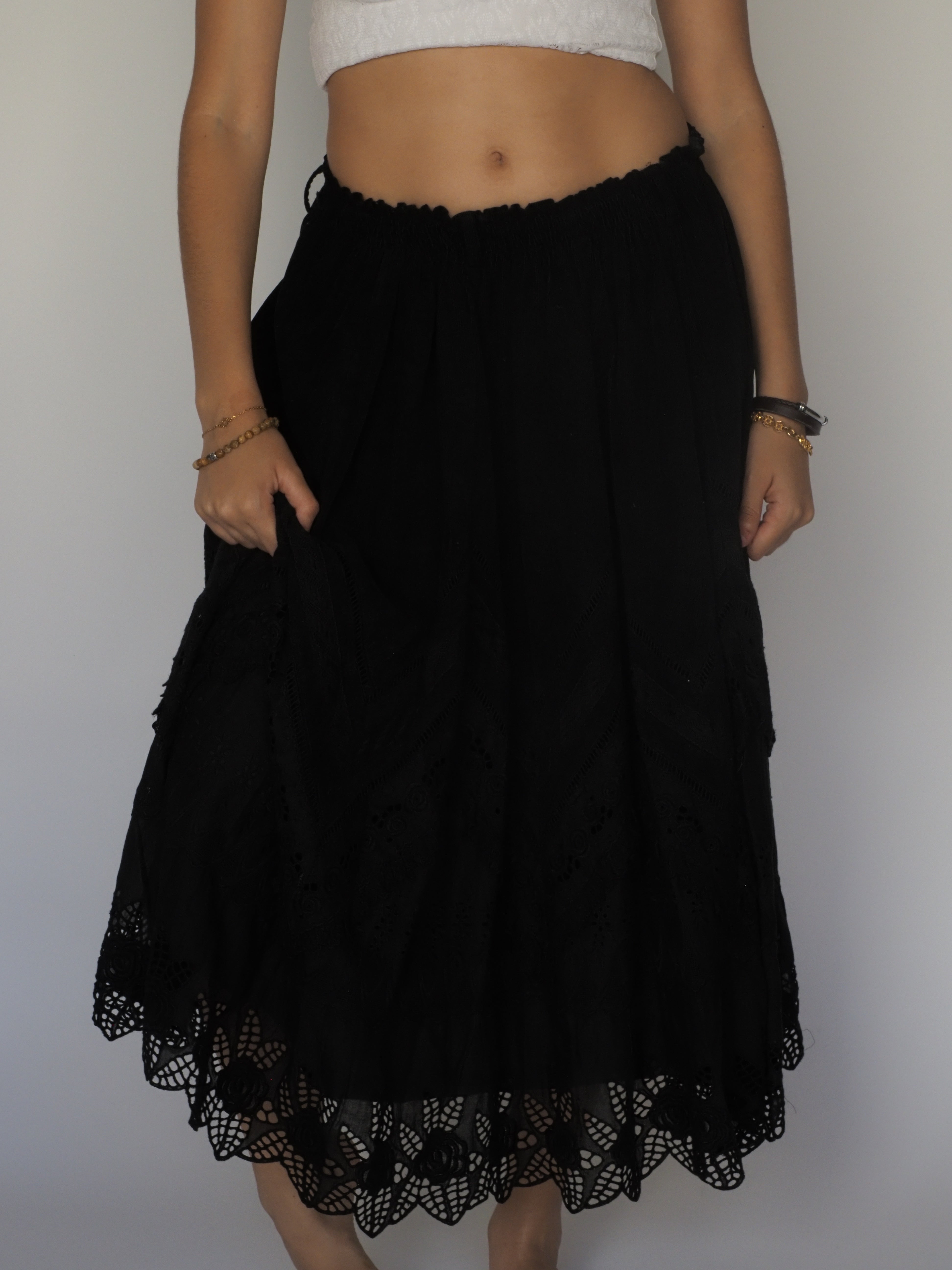 Black Cotton Eyelet Midi Skirt