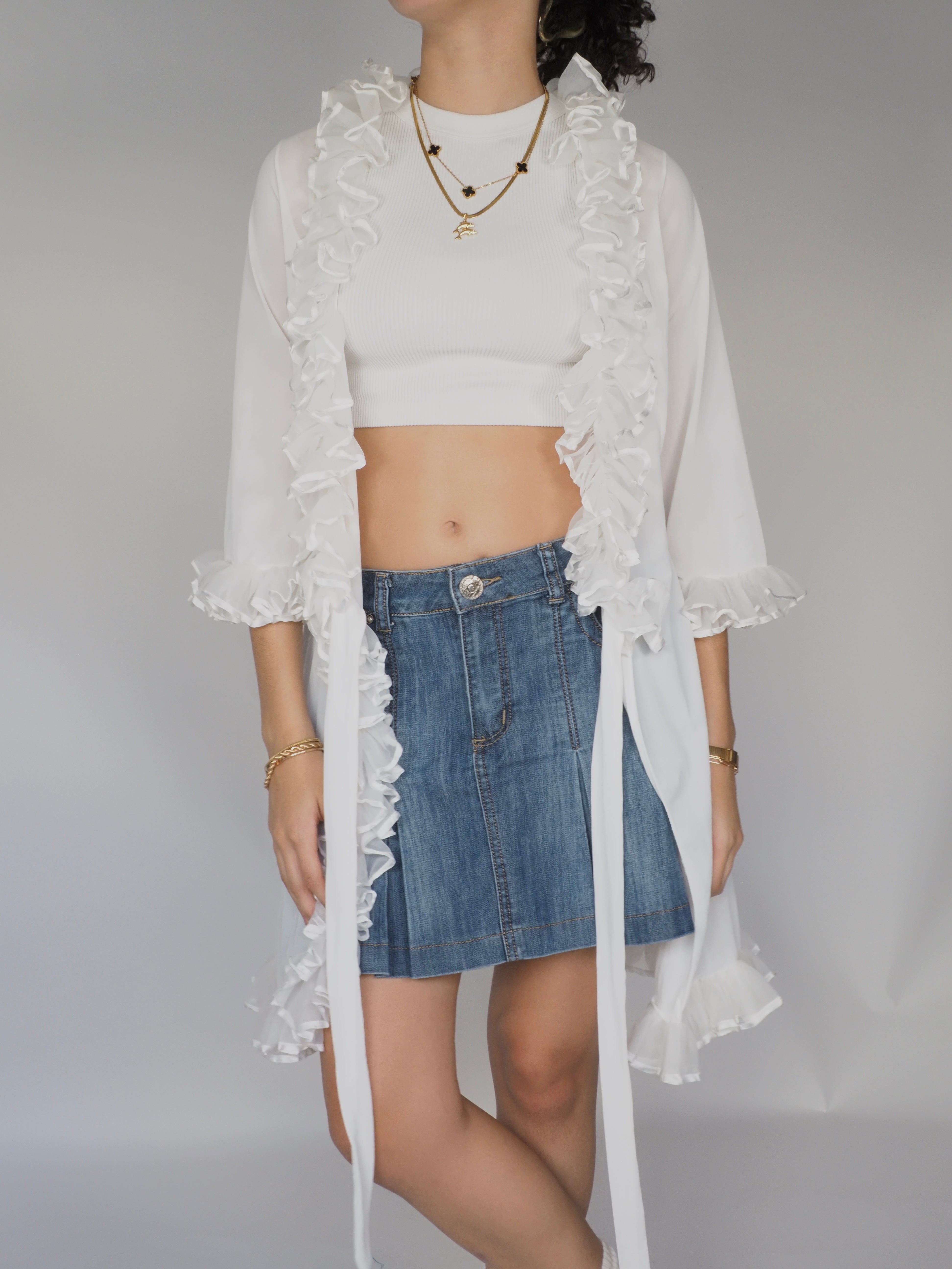 White Sheer Ruffle-Trim Kimono – Foemin