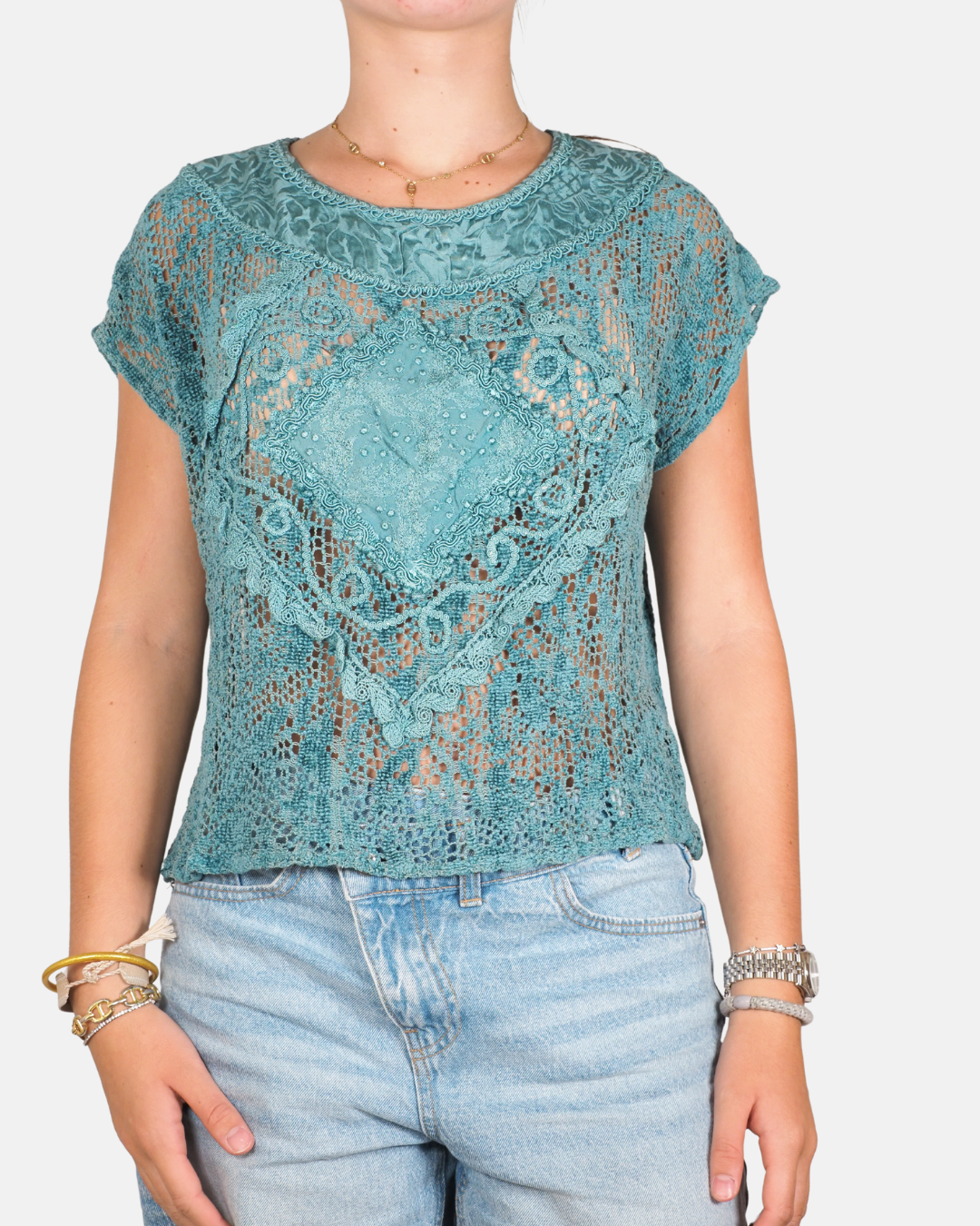 Teal Crochet Lace Appliqué Top