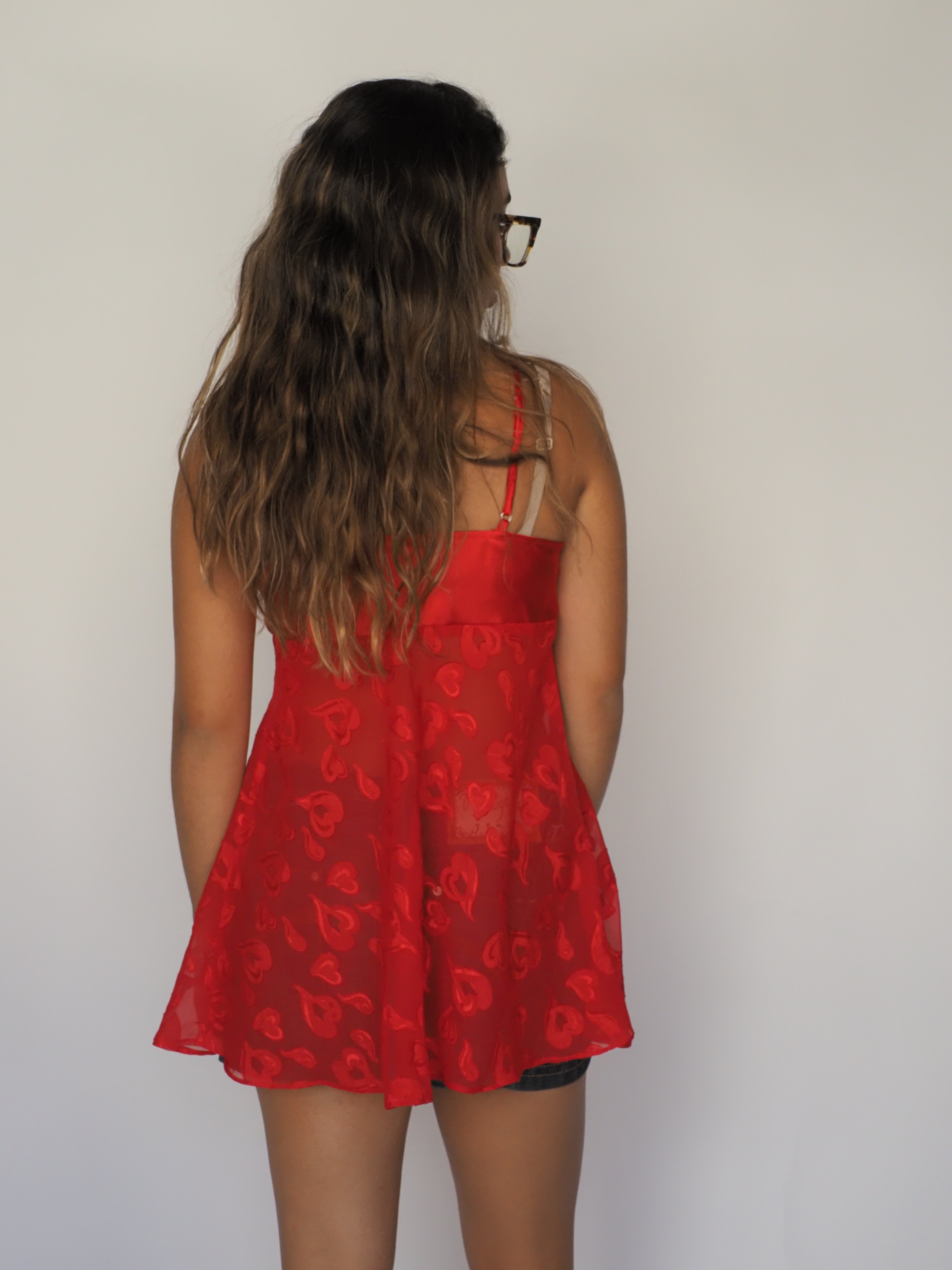 Secret Treasures Red Sheer Heart Print Babydoll Lingerie Top with Satin Tie Front