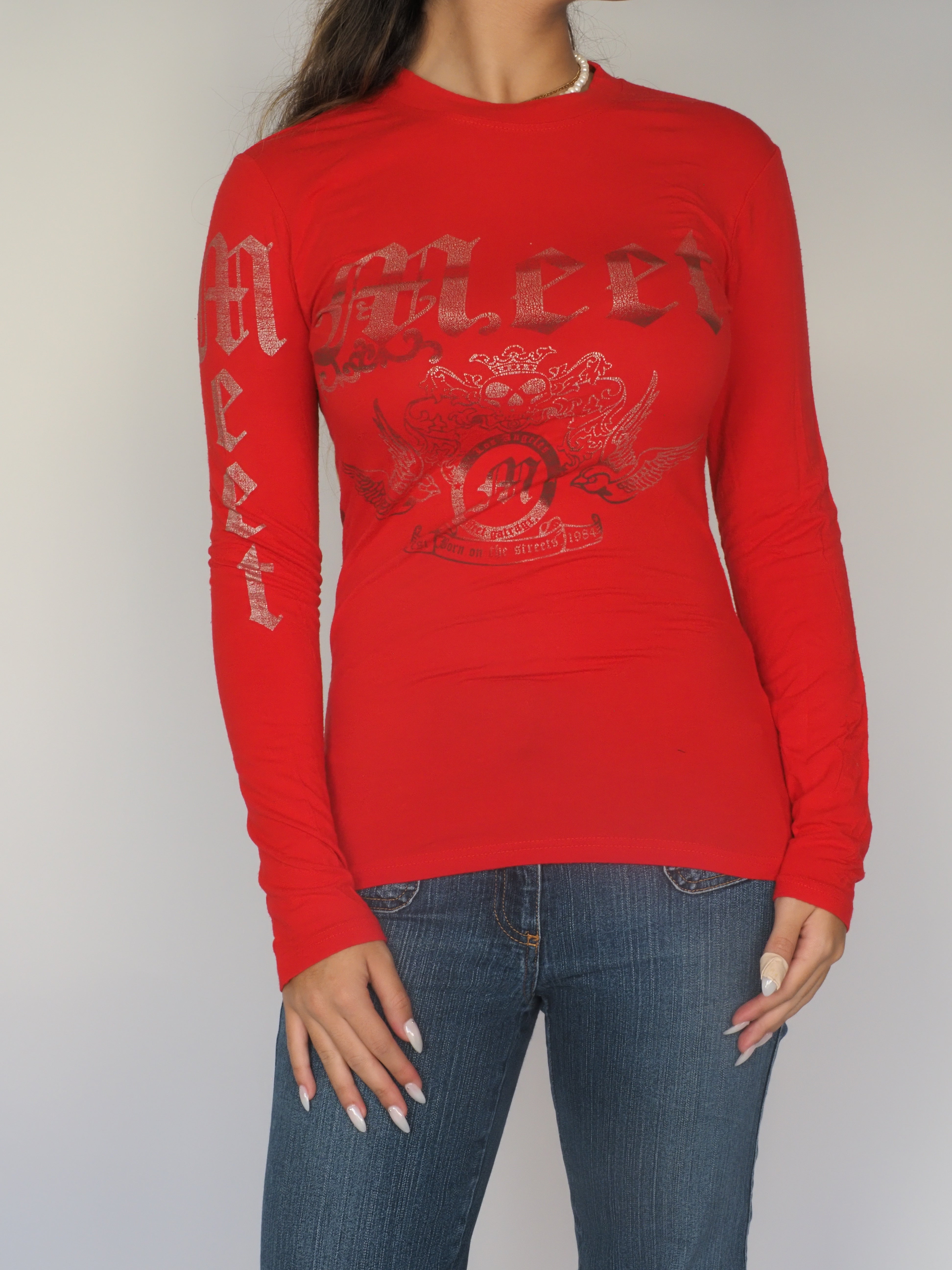 Red Graphic Long-Sleeve Top by Meet – Gothic Y2K Print