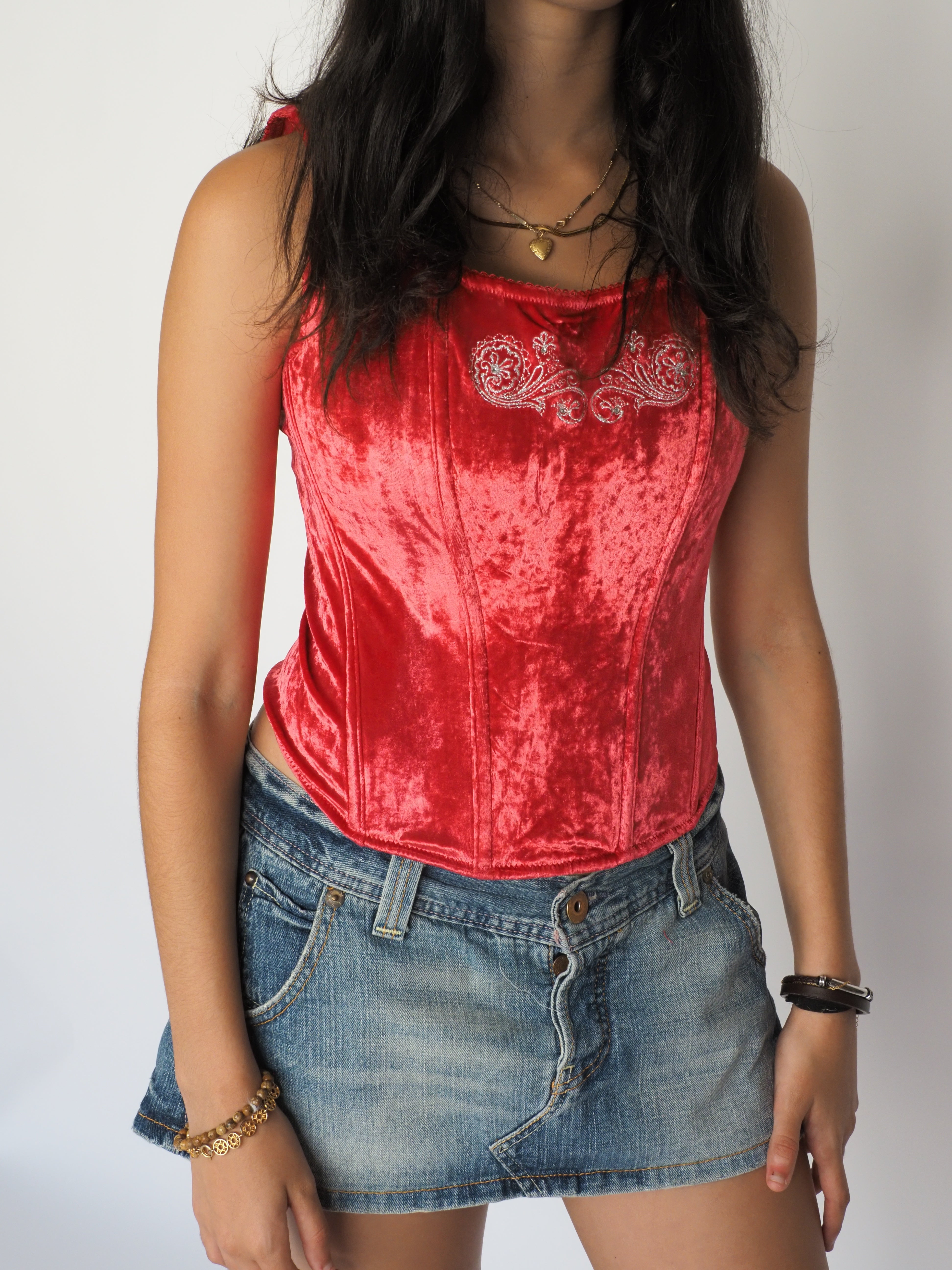Y2K Red Crushed Velvet Corset Top with Embroidery – H&M