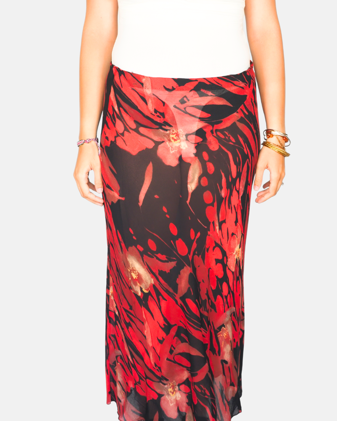 Vintage Crimson Abstract Mesh Maxi Skirt