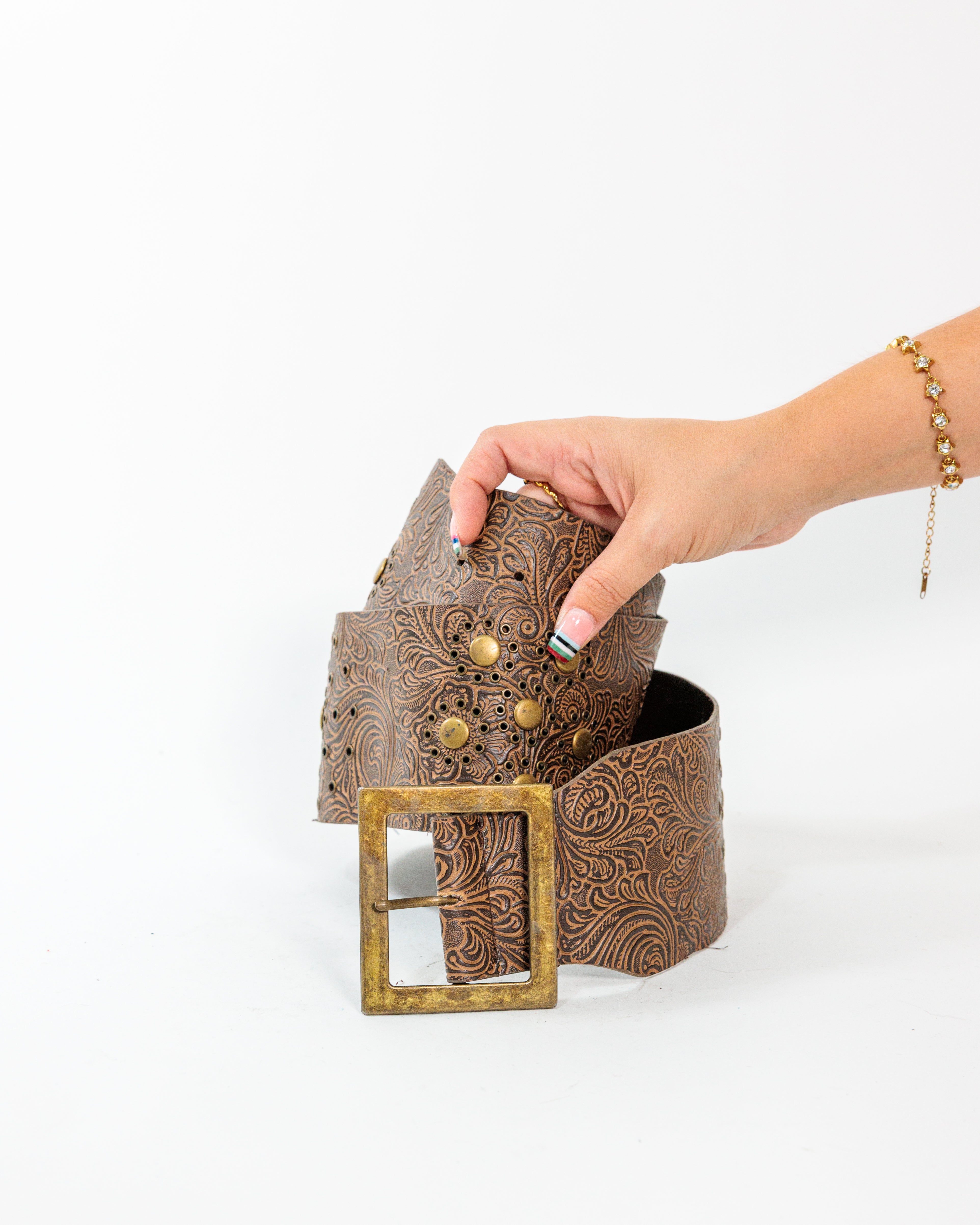 Brown Paisley Embossed Wide Belt