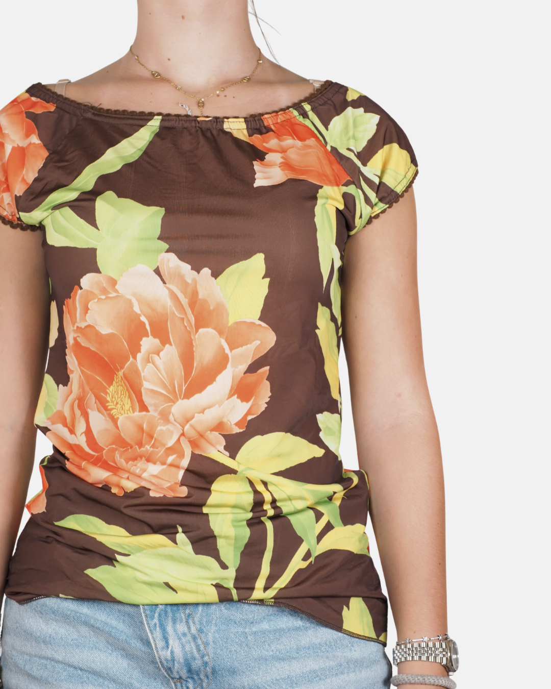 Brown & Orange Floral Bardot Top