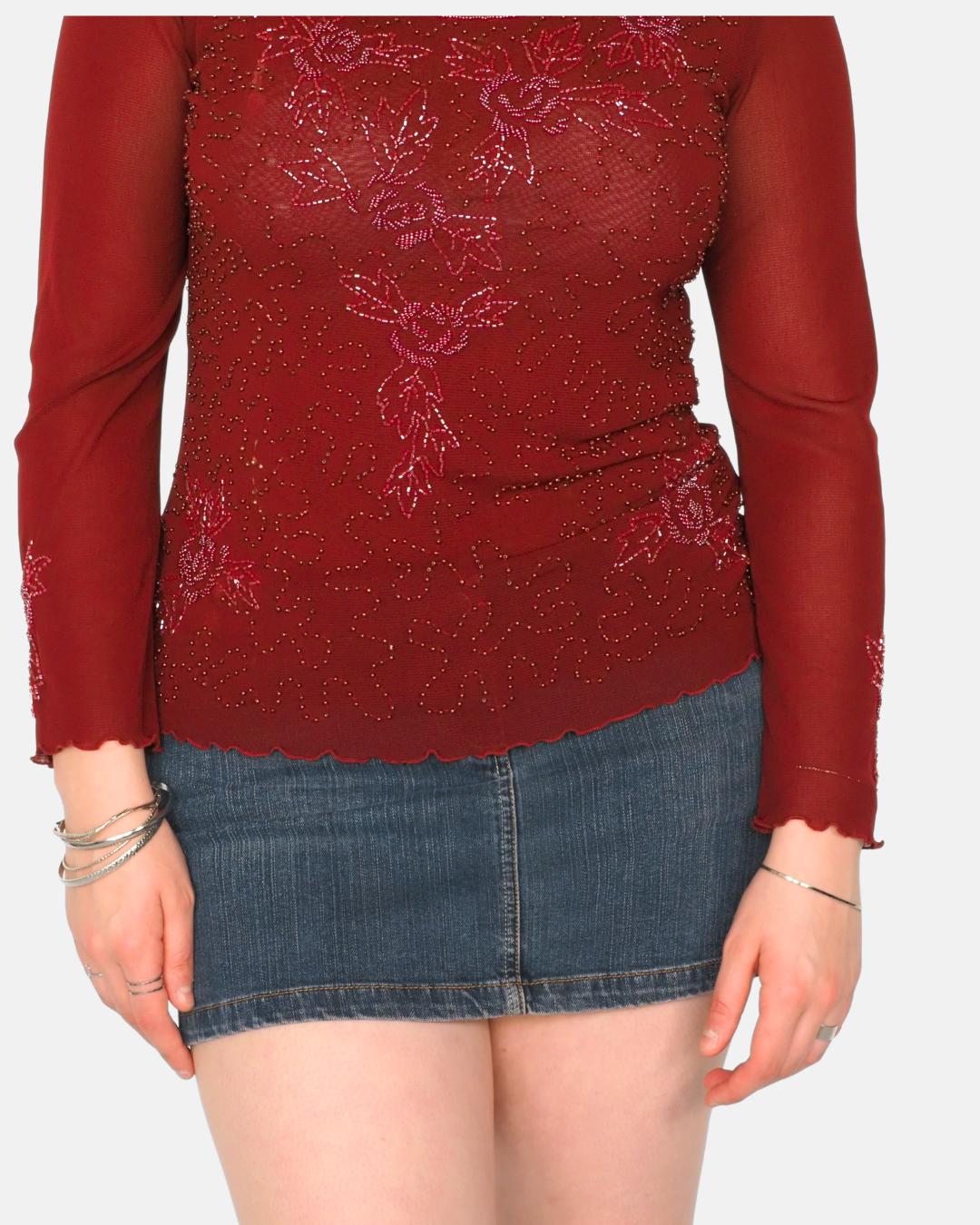 Wangli Red Sheer Embellished Mesh Top