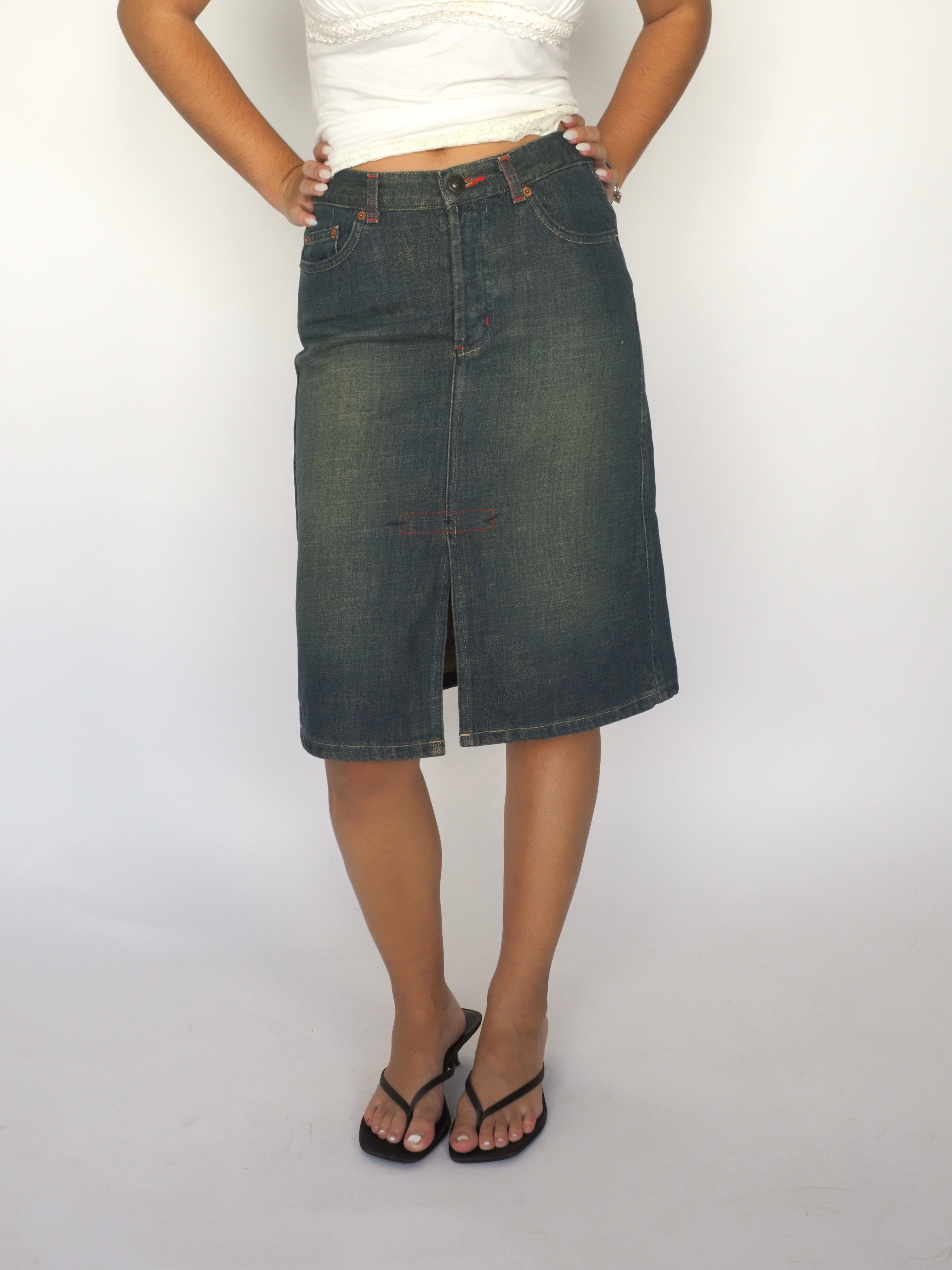 Phard Y2K Denim Midi Skirt with Red Stitch Detail