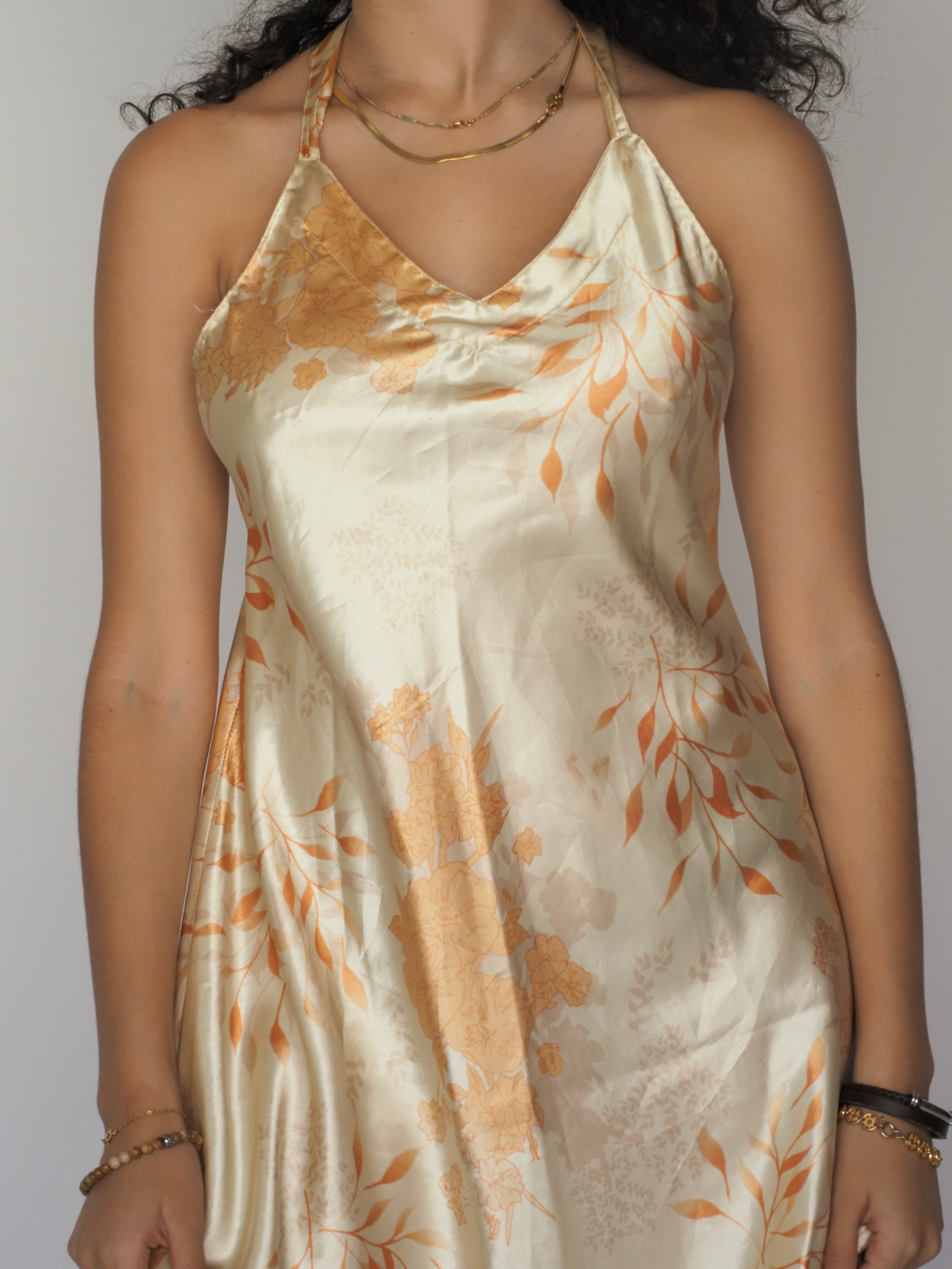Vintage Golden Floral Satin Slip Maxi Dress