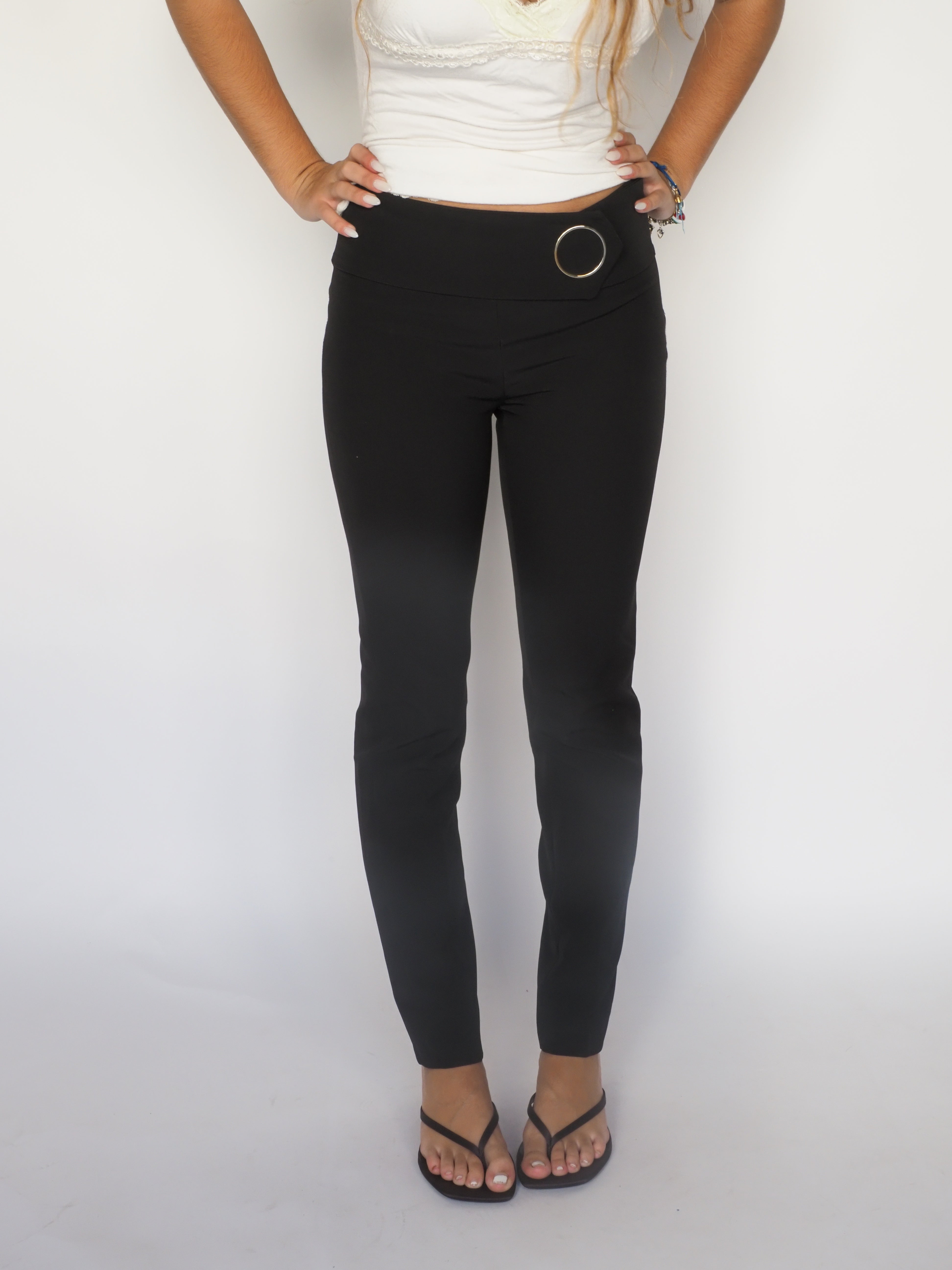 Black Slim-Fit Trousers with Metal Ring Detail — Paola Prata