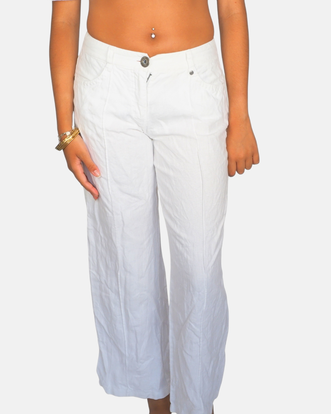 White Linen Wide Leg Trousers by b.young
