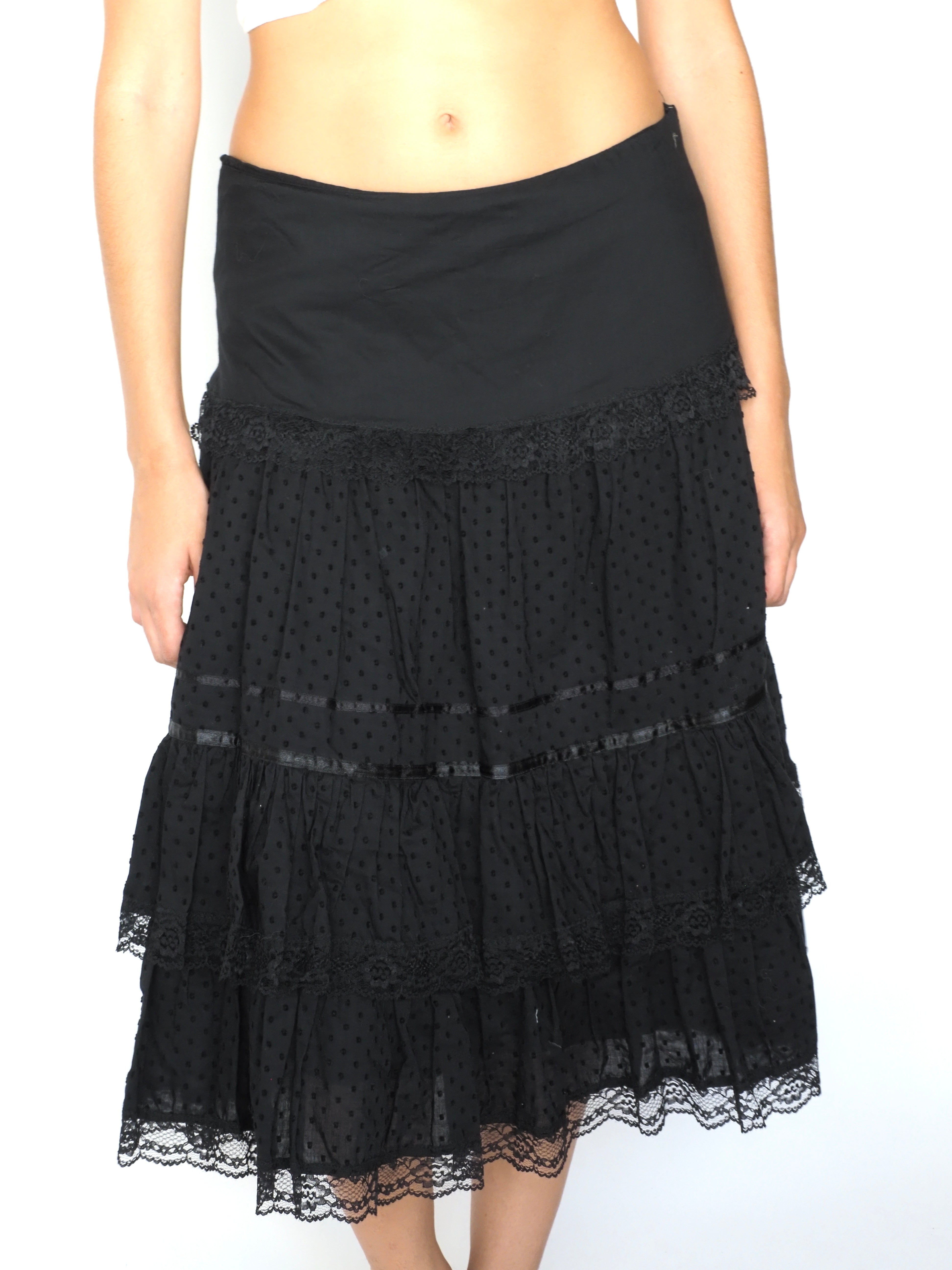 Black Tiered Polka-Dot Lace Hem Midi Skirt – Morgan