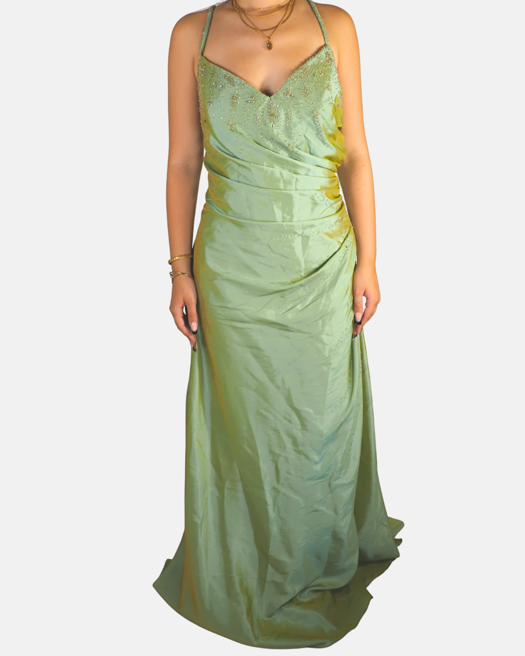 Sage Green Beaded Lace-Up Evening Gown - JORA