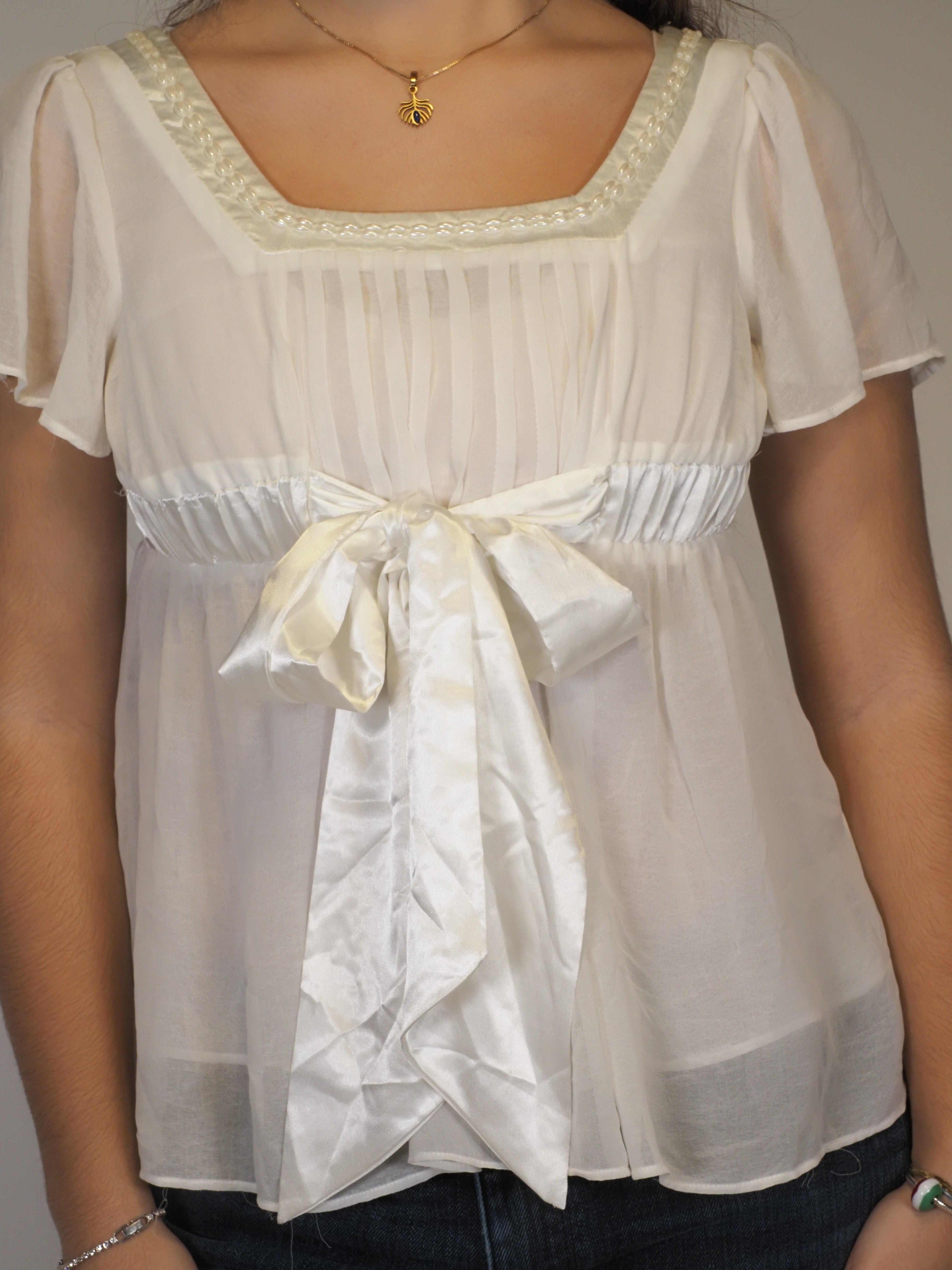 Cream Bow-Front Sheer Blouse — Mula