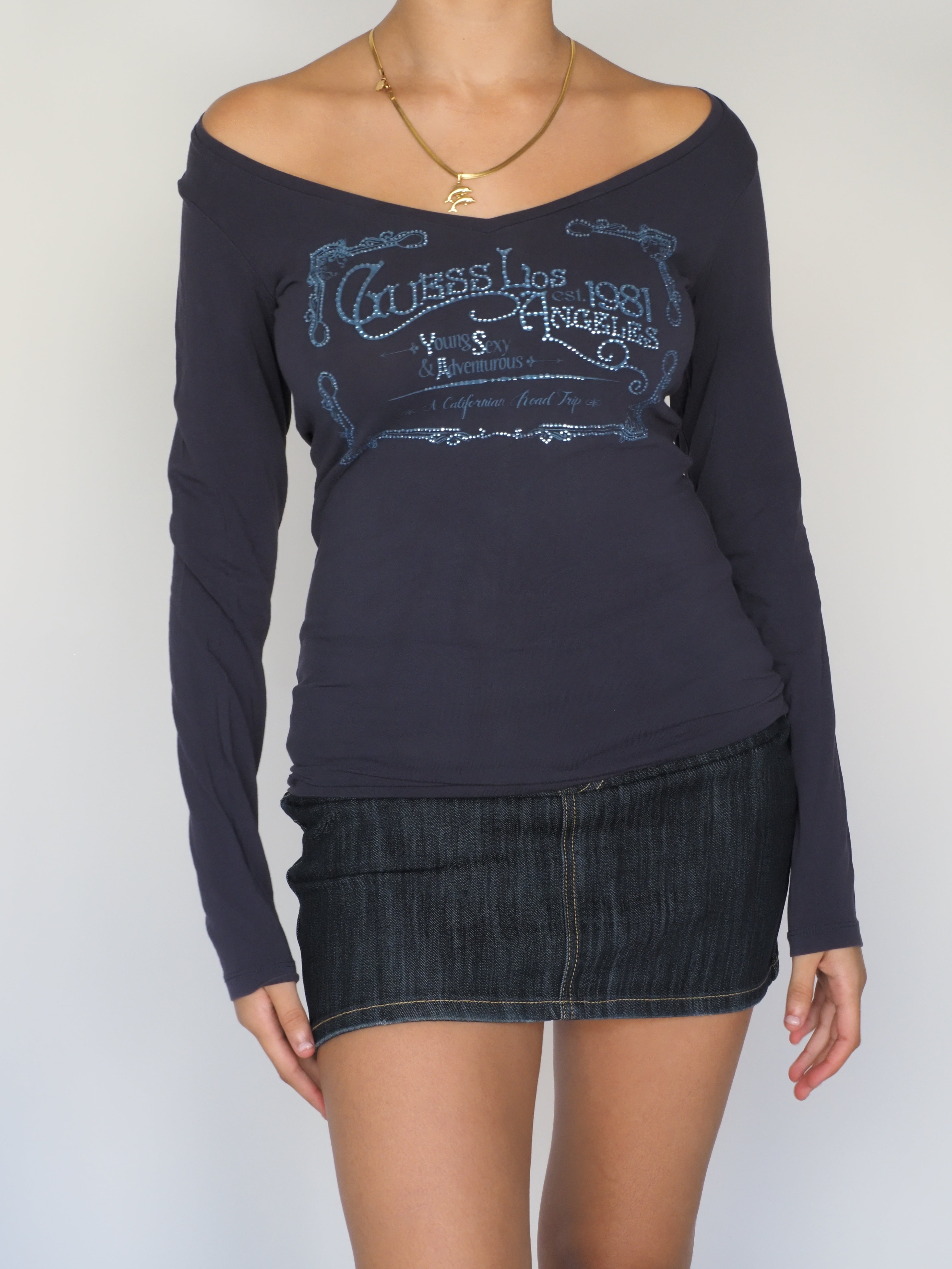 Guess Los Angeles Navy Off-Shoulder Long Sleeve Top