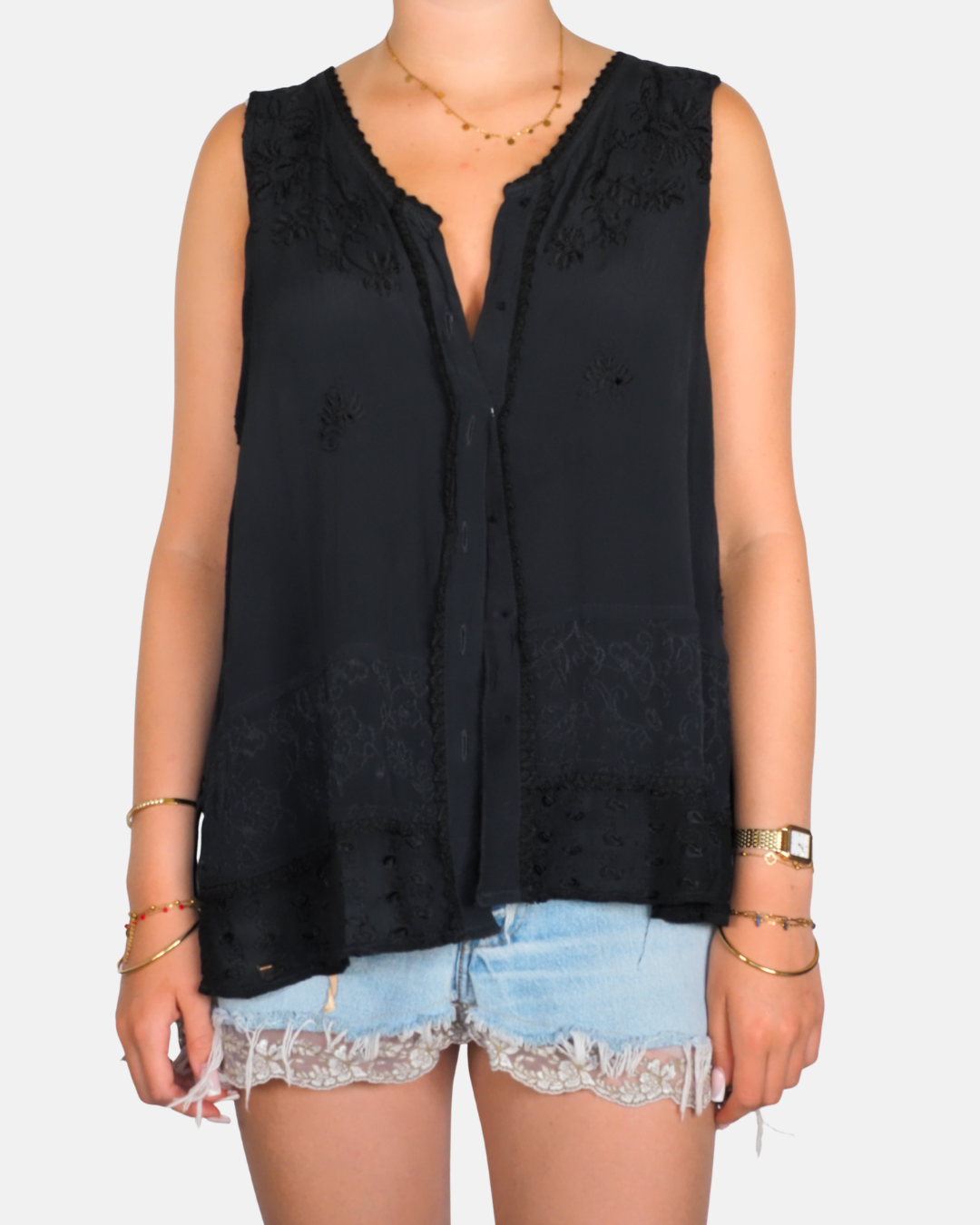 Black Embroidered Sleeveless Tunic Top
