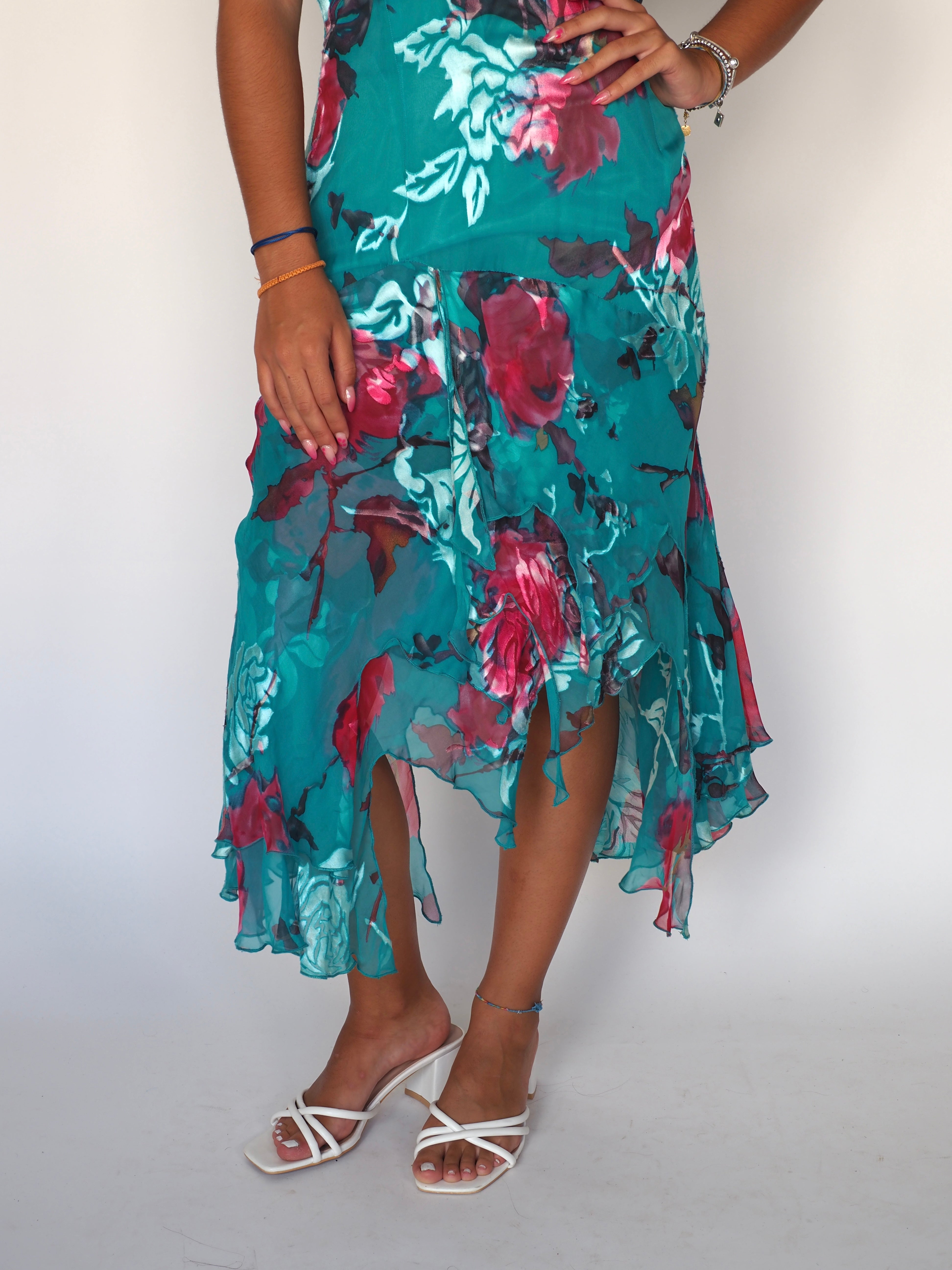 Teal Rose Asymmetric Midi Dress – N|B Nuribel