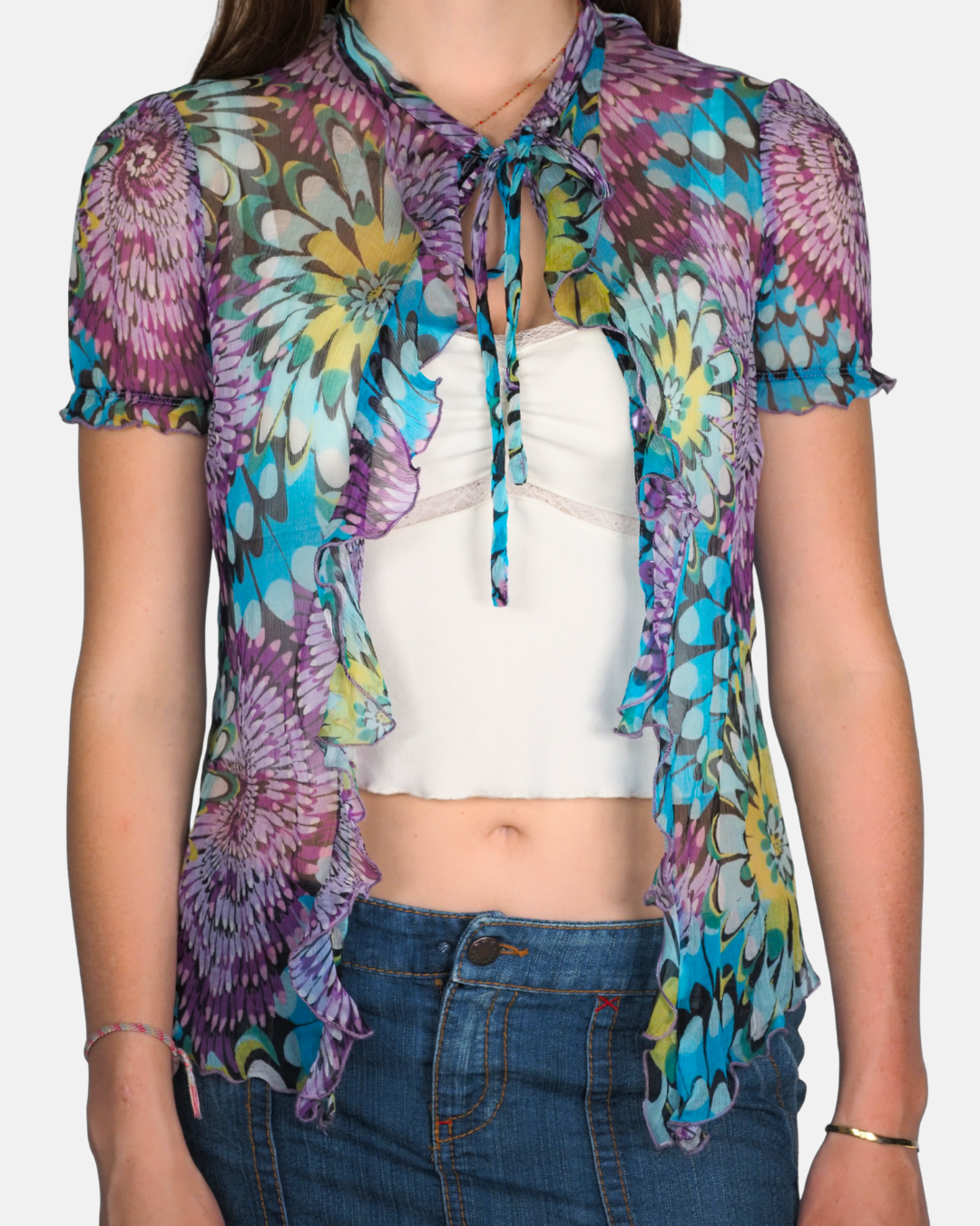 Psychedelic Floral Mesh Tie-Front Cardigan