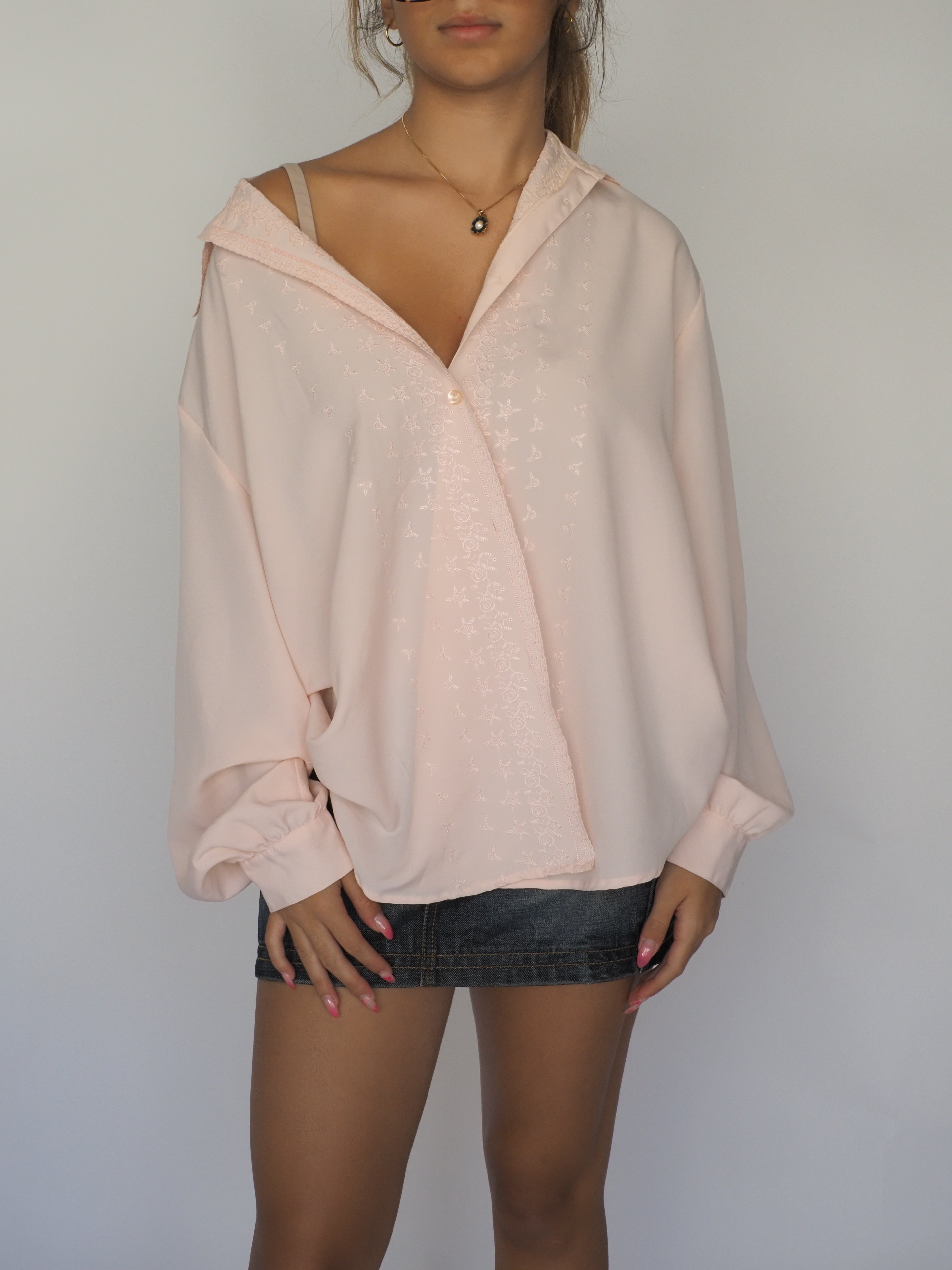 Joan Gozzi Vintage Blush Pink Embroidered Oversized Blouse
