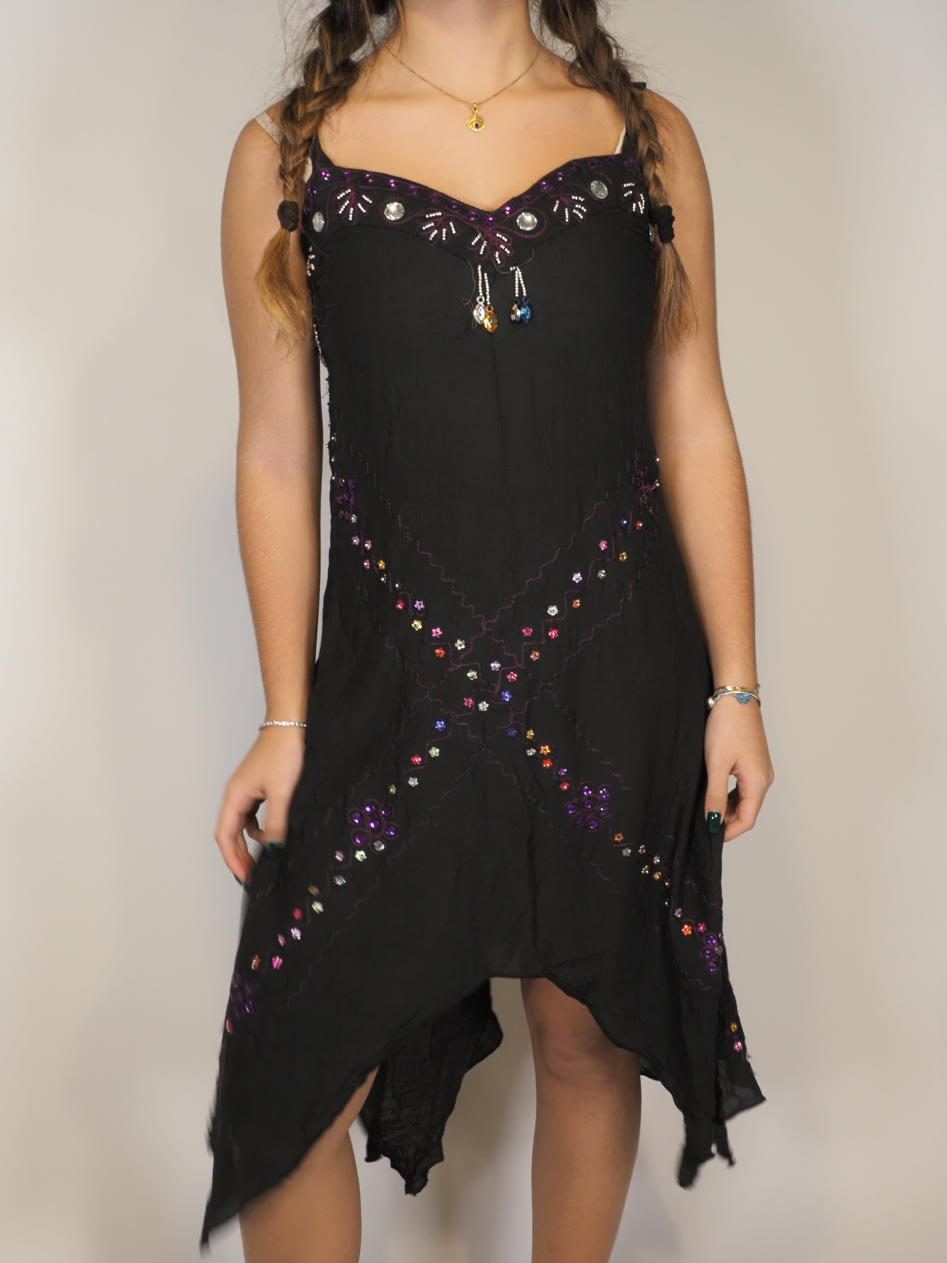 Embellished Black Handkerchief-Hem Dress