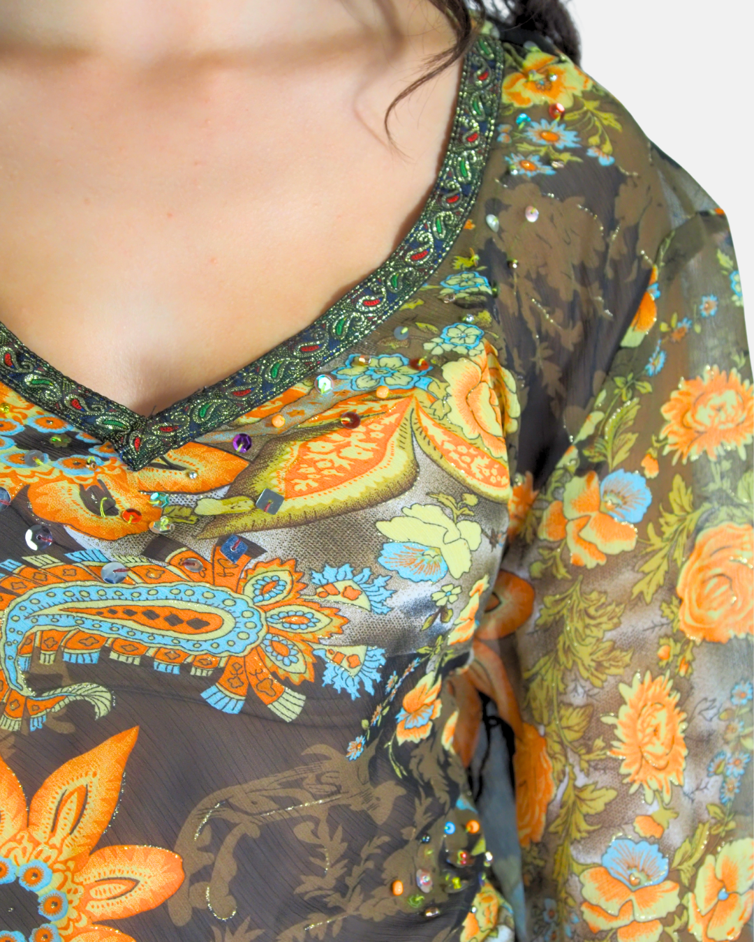 Sheer Floral Embellished Mesh Top - Extra Me