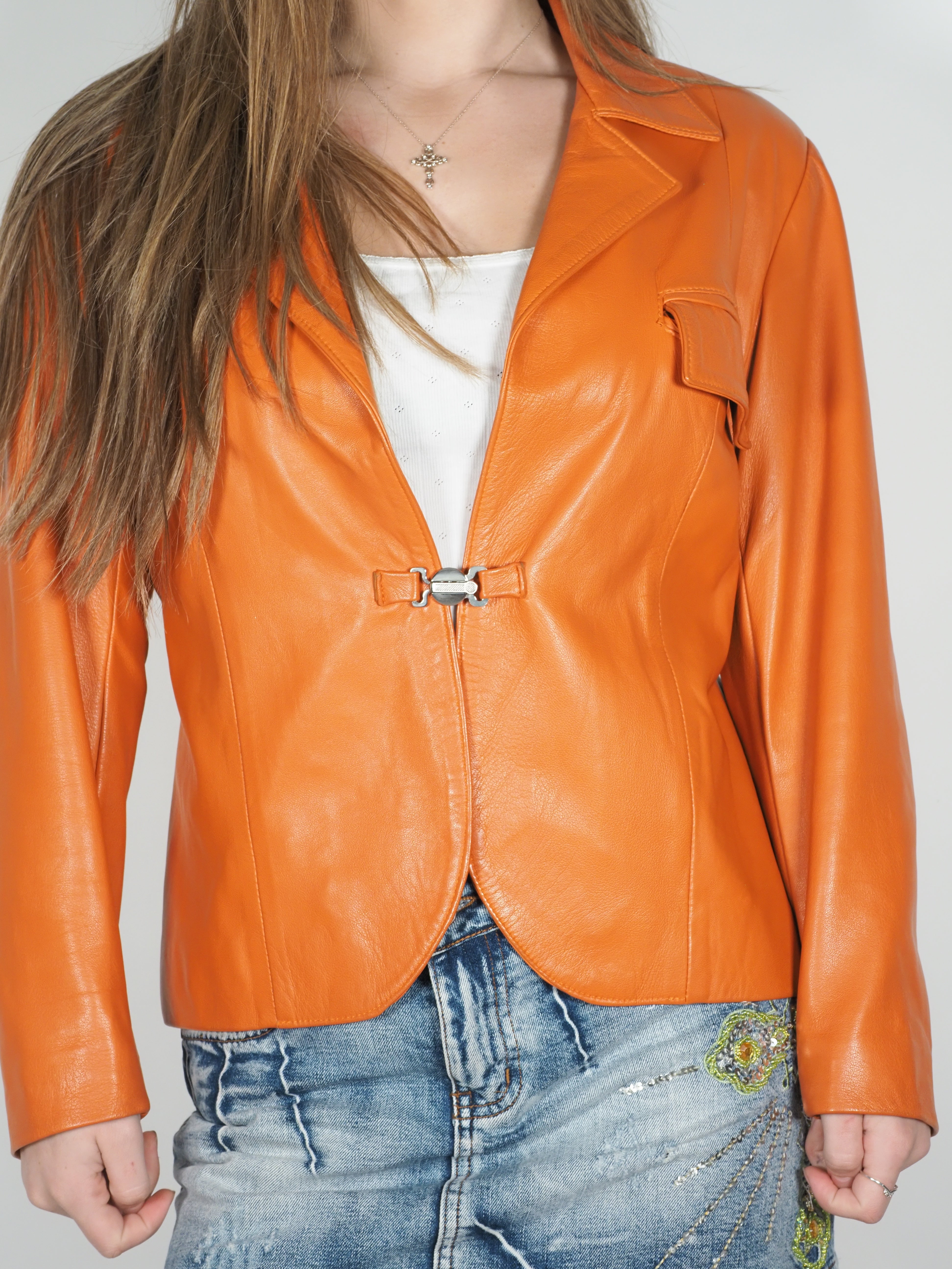Y2K Tangerine Orange Real Leather Fitted Jacket
