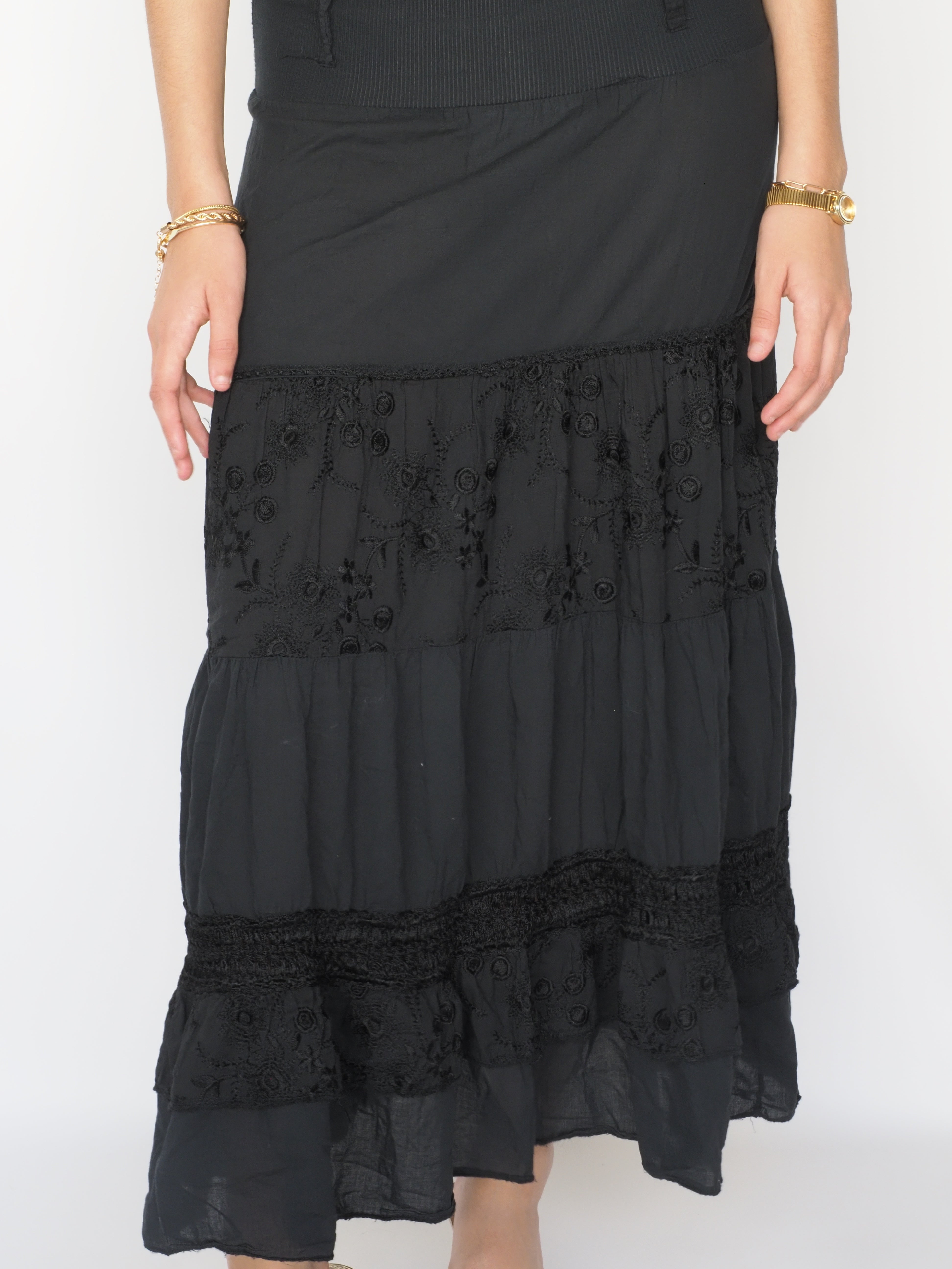Black Tiered Boho Maxi Skirt with Crochet Detail