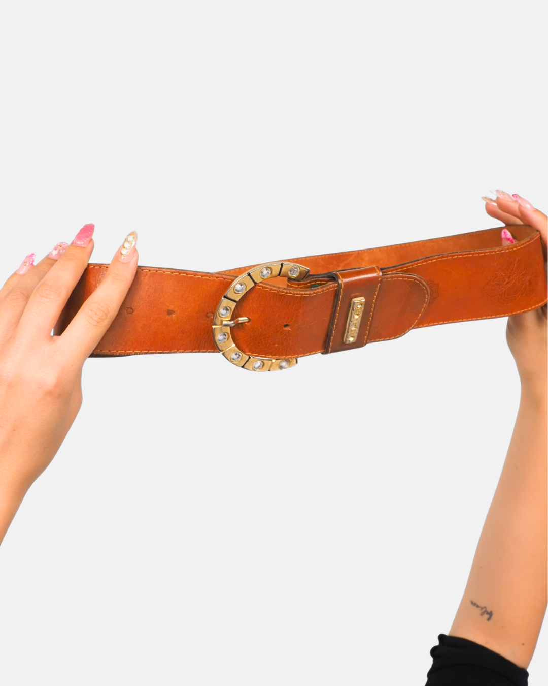 Tan Wide Embossed Leather Belt with Jewelled Buckle