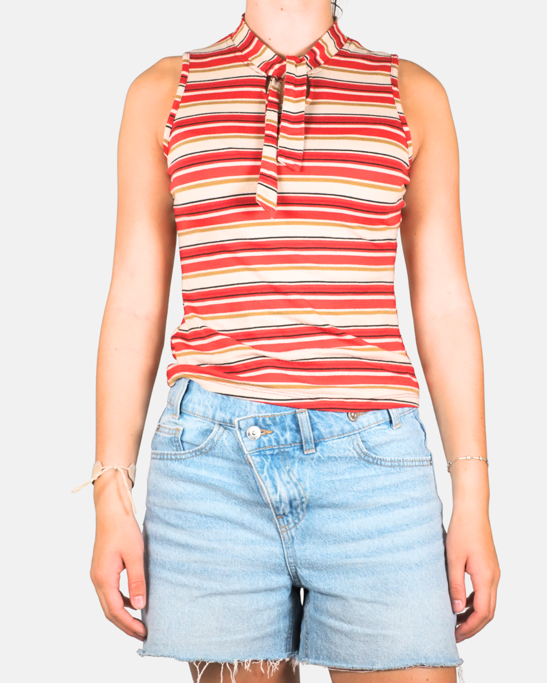 Retro Tie-Neck Stripe Sleeveless Top