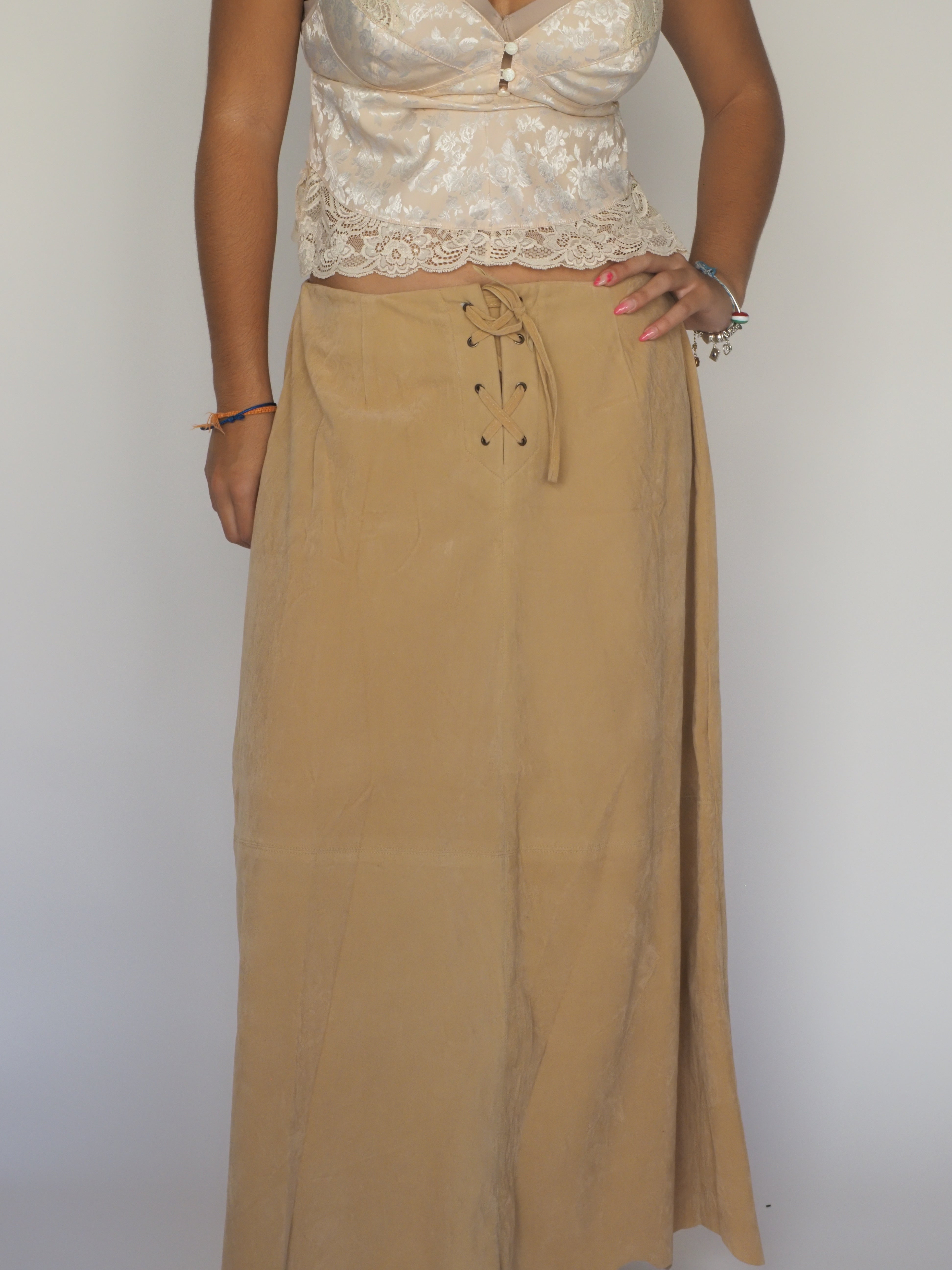 Camel Suede Maxi Skirt with Lace-Up Waist – Advance