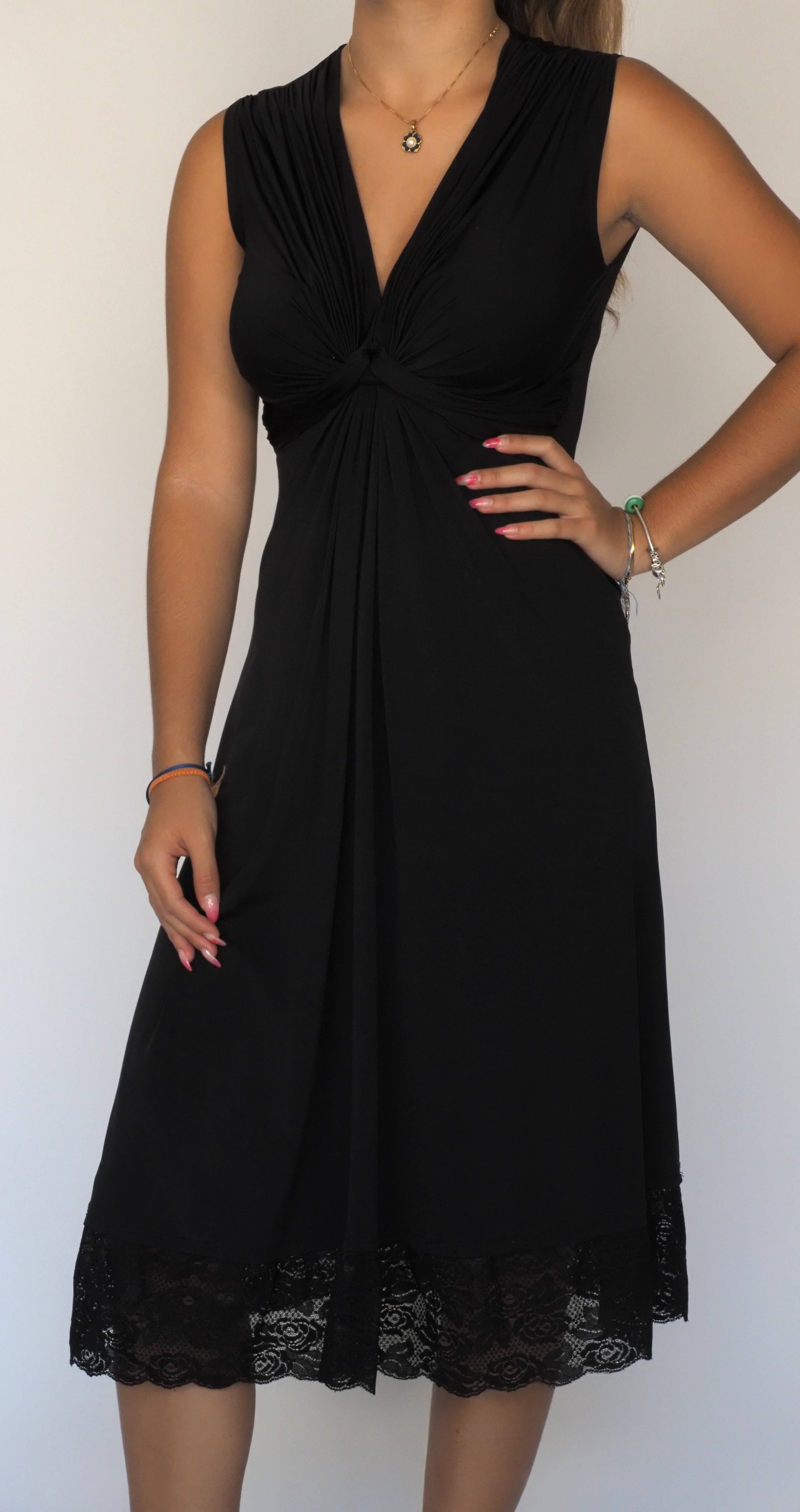 Black Knot-Front Midi Dress with Lace Hem – Morgan