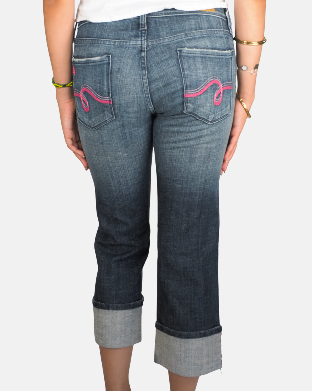 Dark Wash Turn-Up Capri Jeans by Seethru Soul