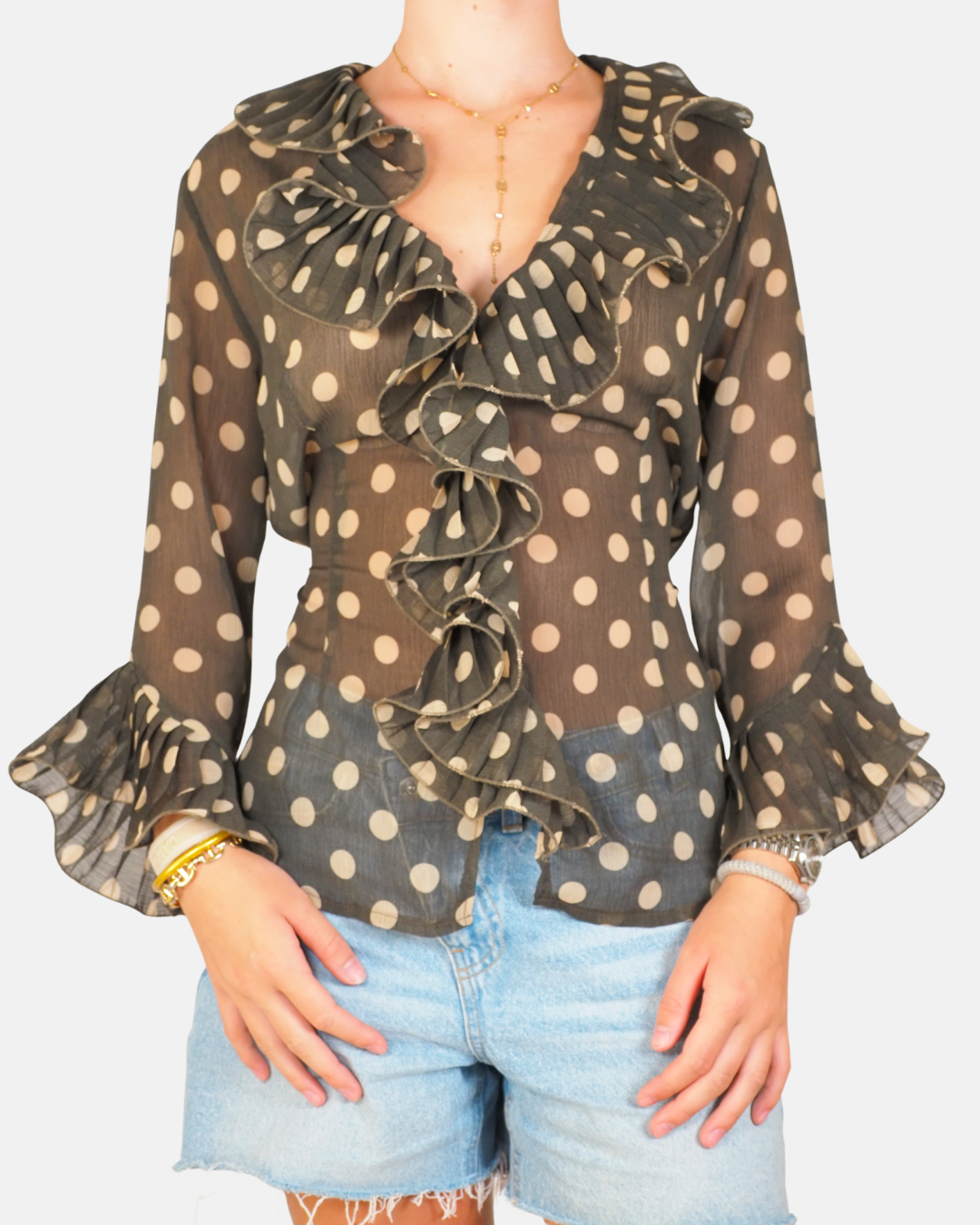 Brown Polka-Dot Ruffle Blouse