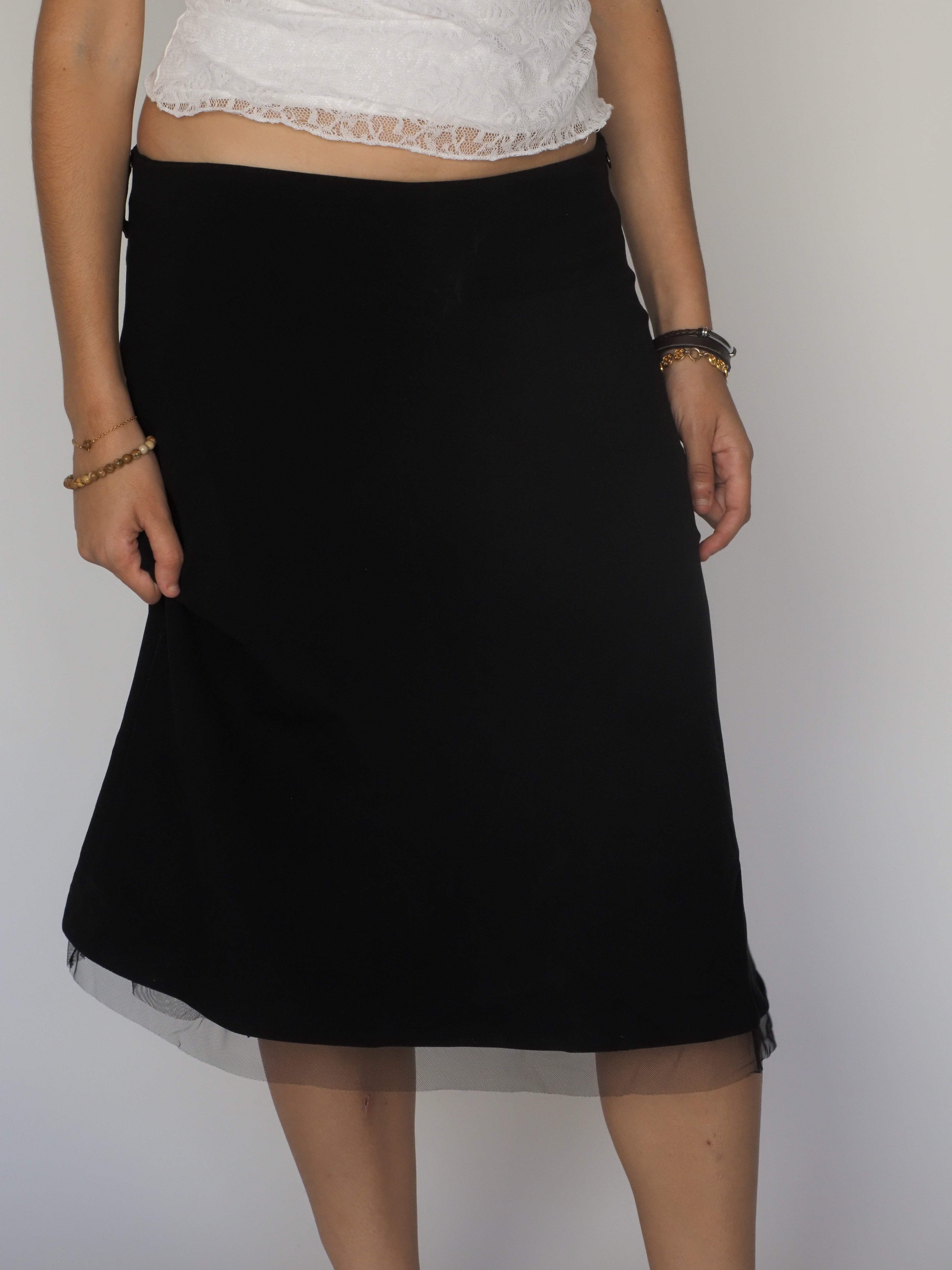 Minimalist Black Mesh-Hem Midi Skirt