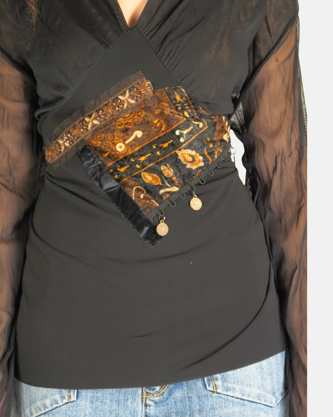 Black Sheer Embroidered Coin Detail Top