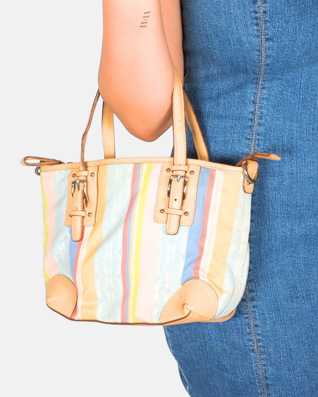 Fossil Y2K Pastel Stripe Mini Tote in Canvas & Tan Leather