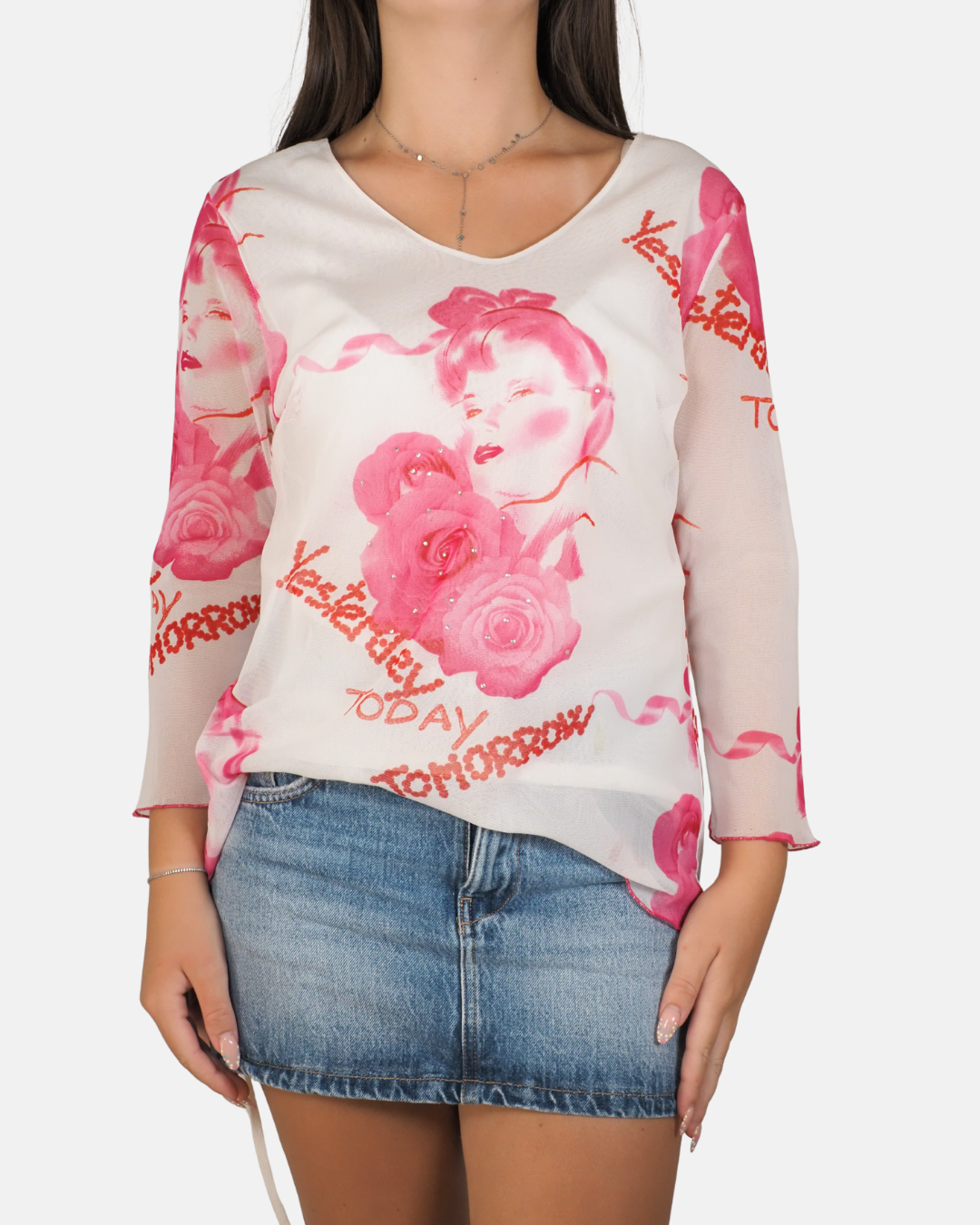 Y2K Pink Rose Mesh Top - Griffe Tricot Chic