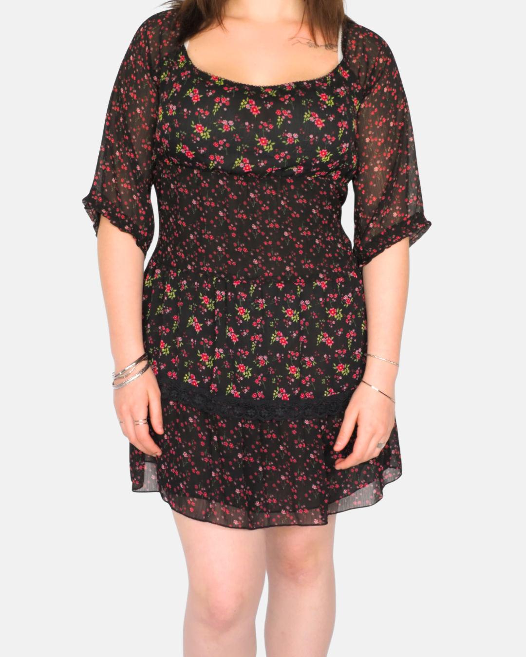 Vintage Black Sheer Floral Babydoll Mini Dress