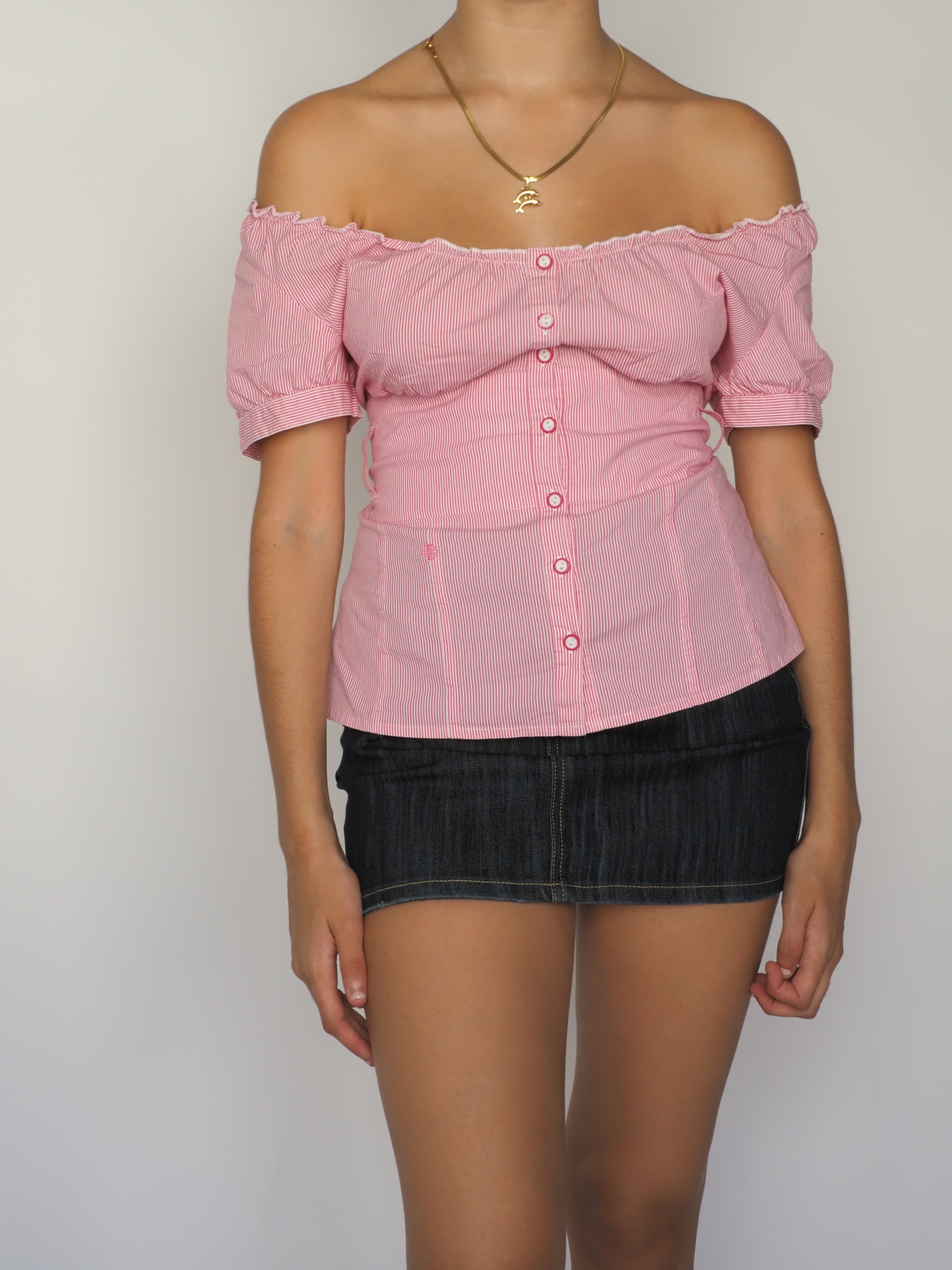Pink Pinstripe Off-Shoulder Corset Blouse – Comma