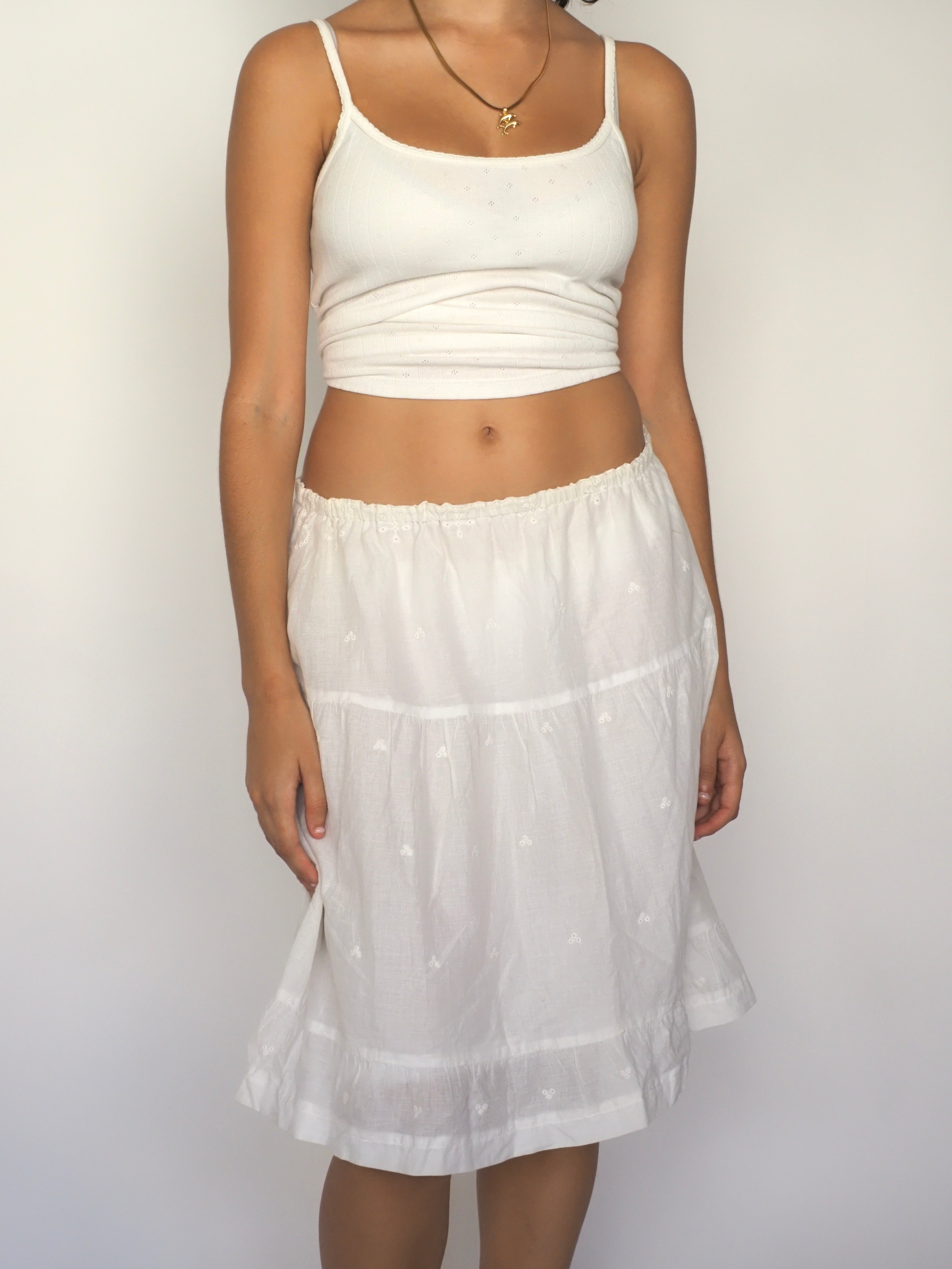 White Embroidered Cotton Midi Skirt