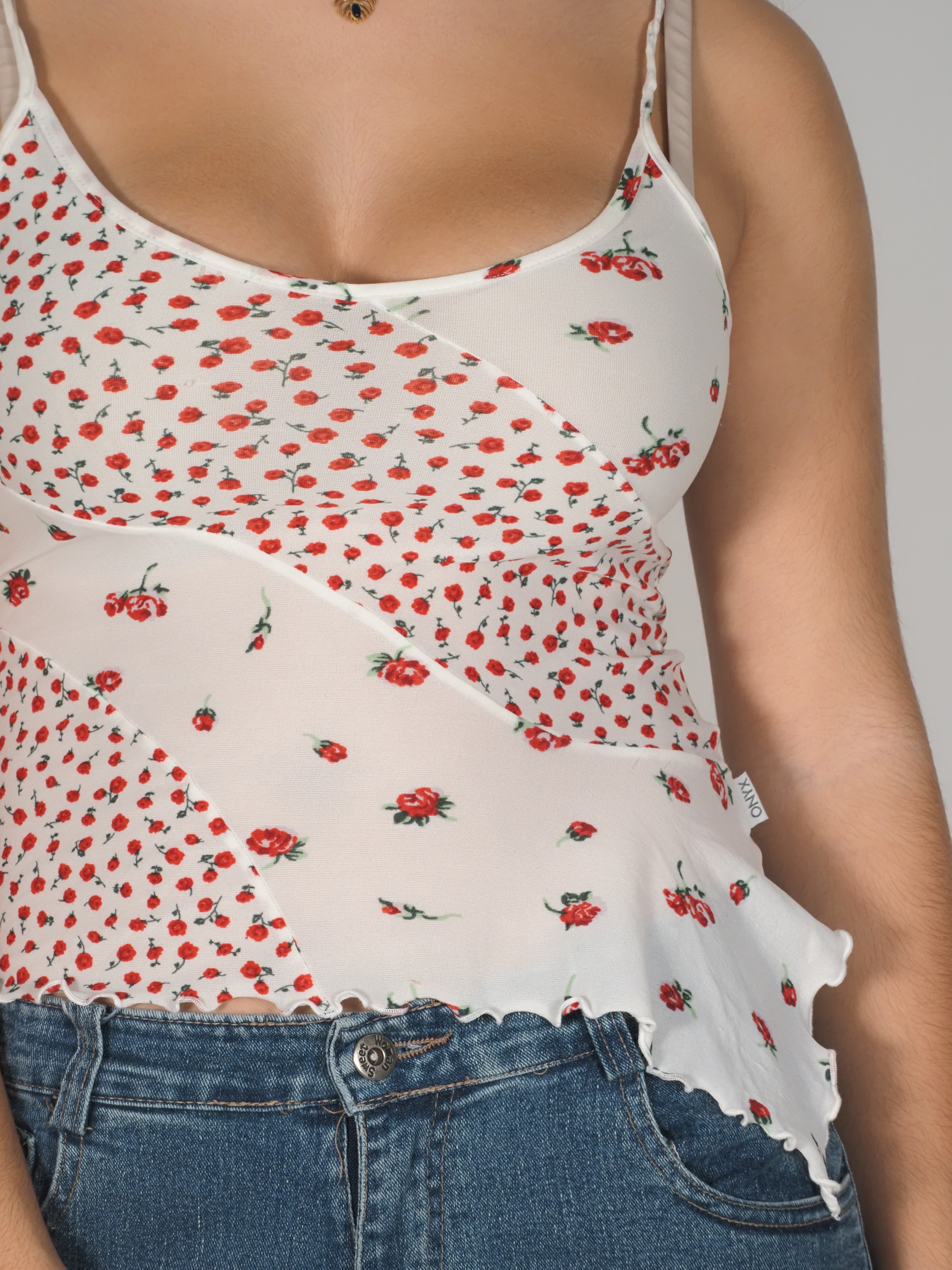 White & Red Floral Asymmetrical Mesh Cami – ONYX
