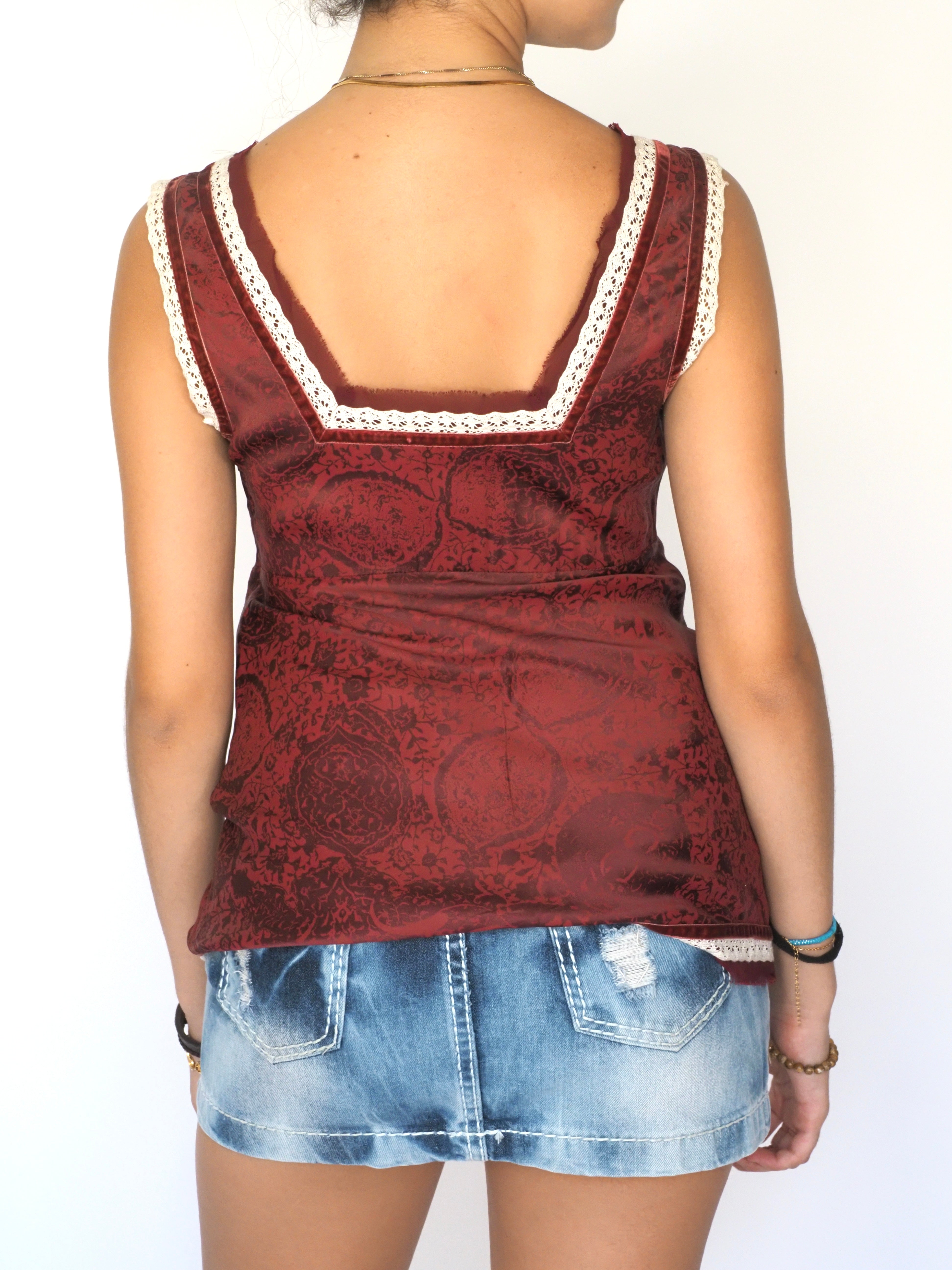 The Limited Burgundy Lace-Trim Printed Sleeveless Top
