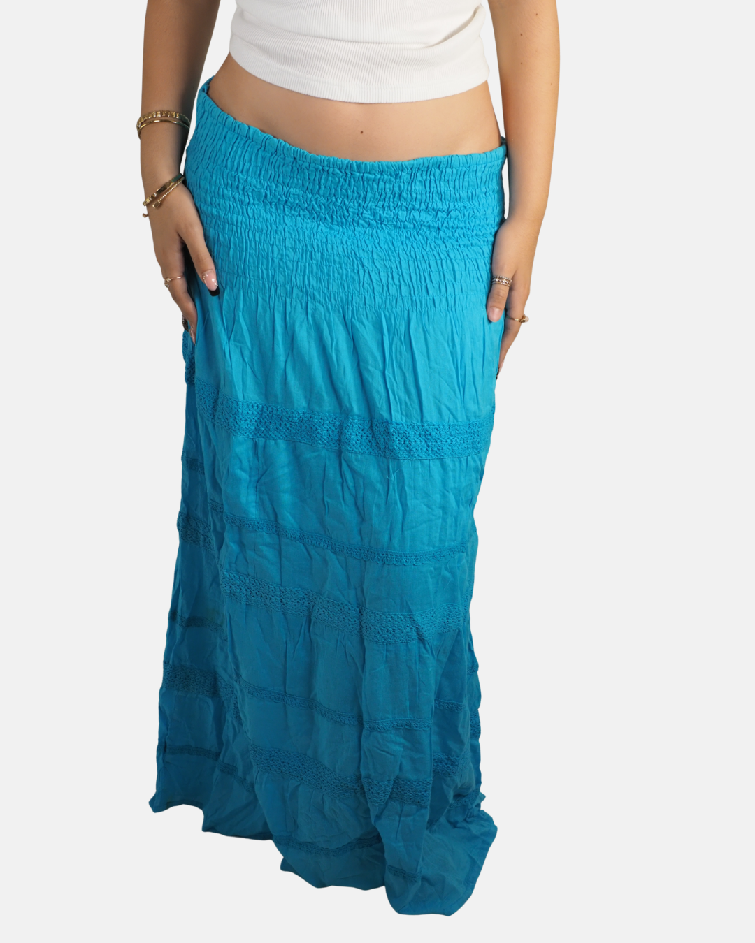 Y2K Turquoise Shirred Boho Maxi Skirt - Pink City
