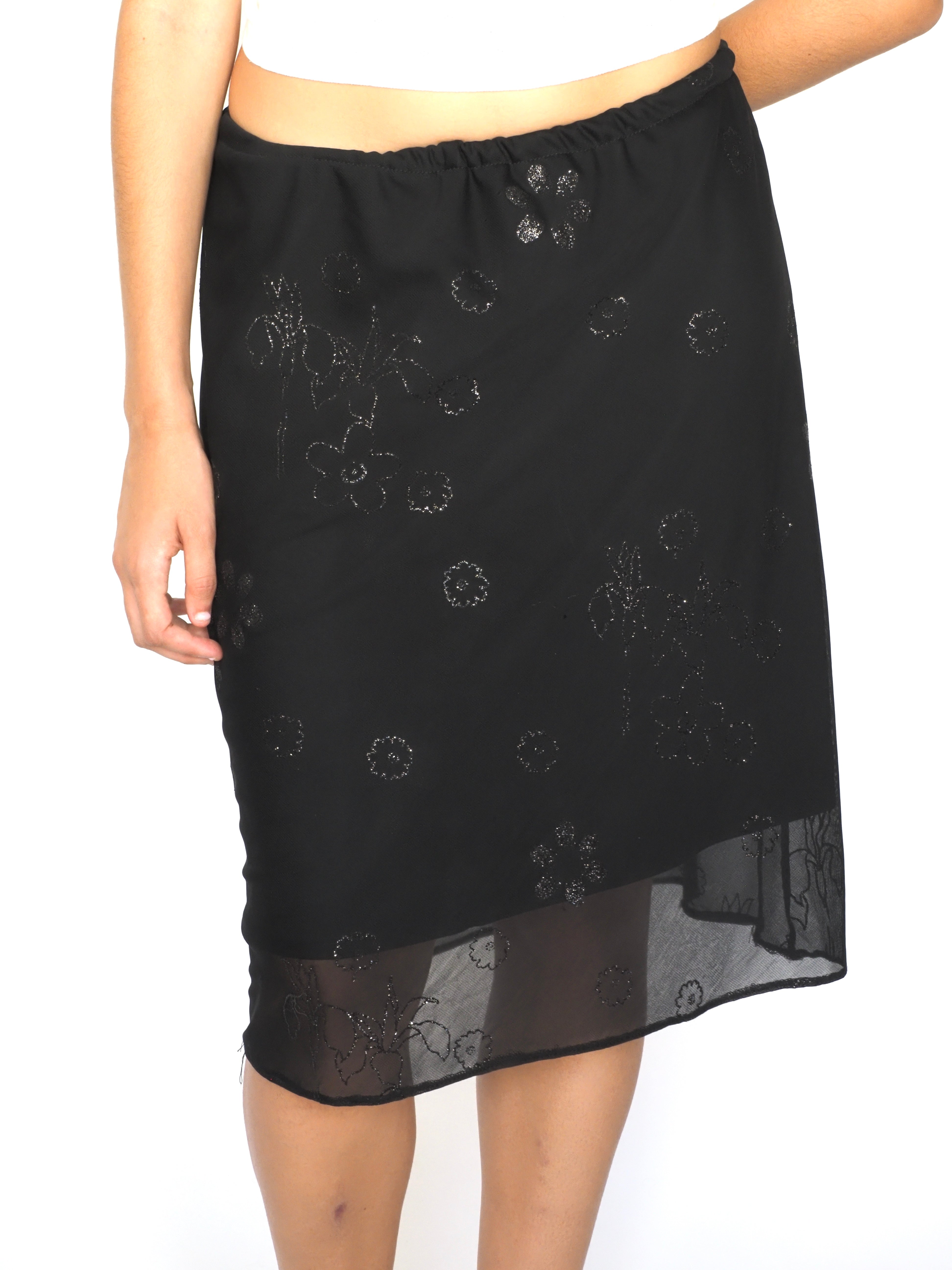 Black Sheer Overlay Midi Skirt with Subtle Floral Embroidery