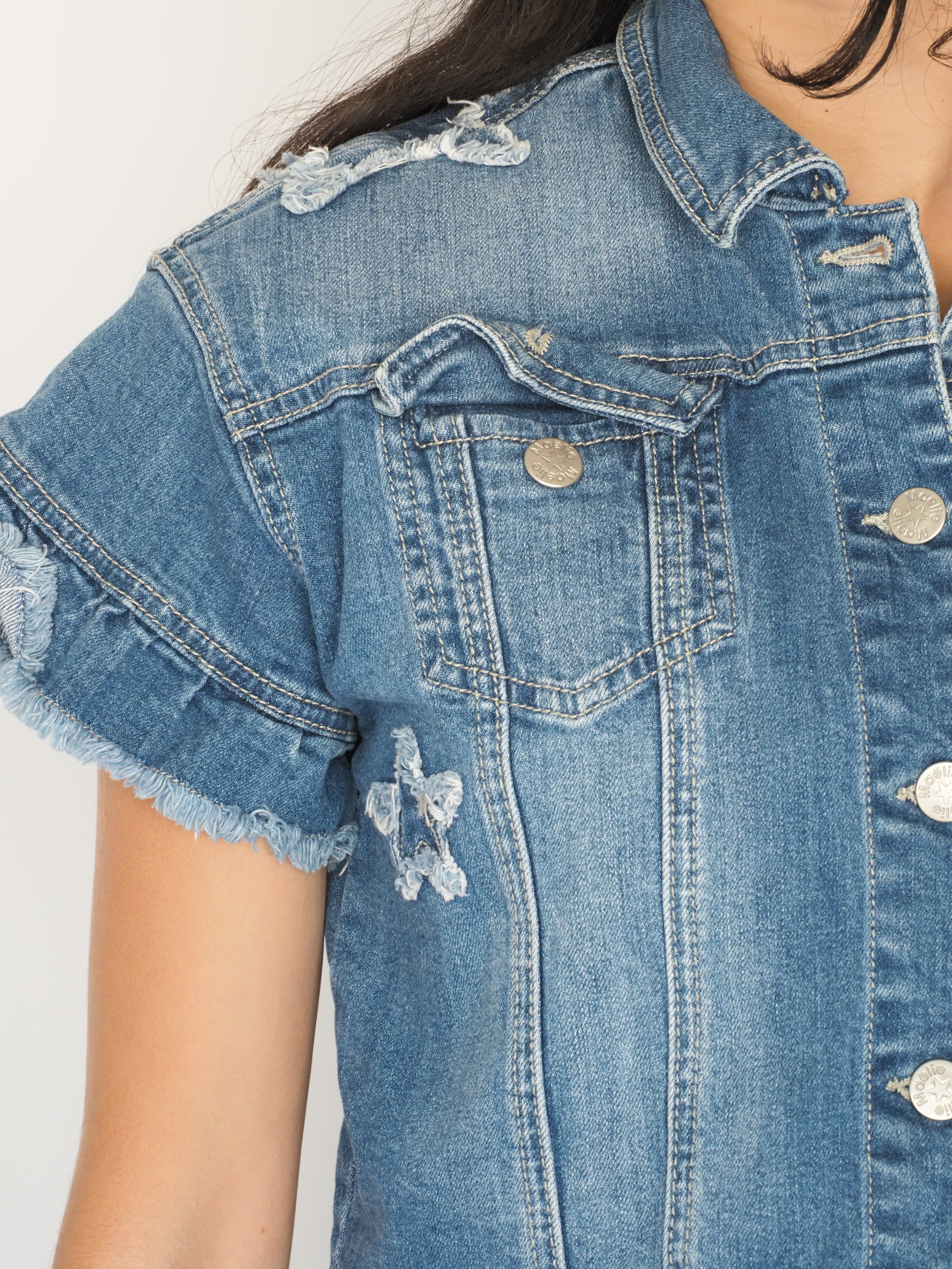 Maëlie Cropped Frayed Denim Jacket with Ruffle Sleeves