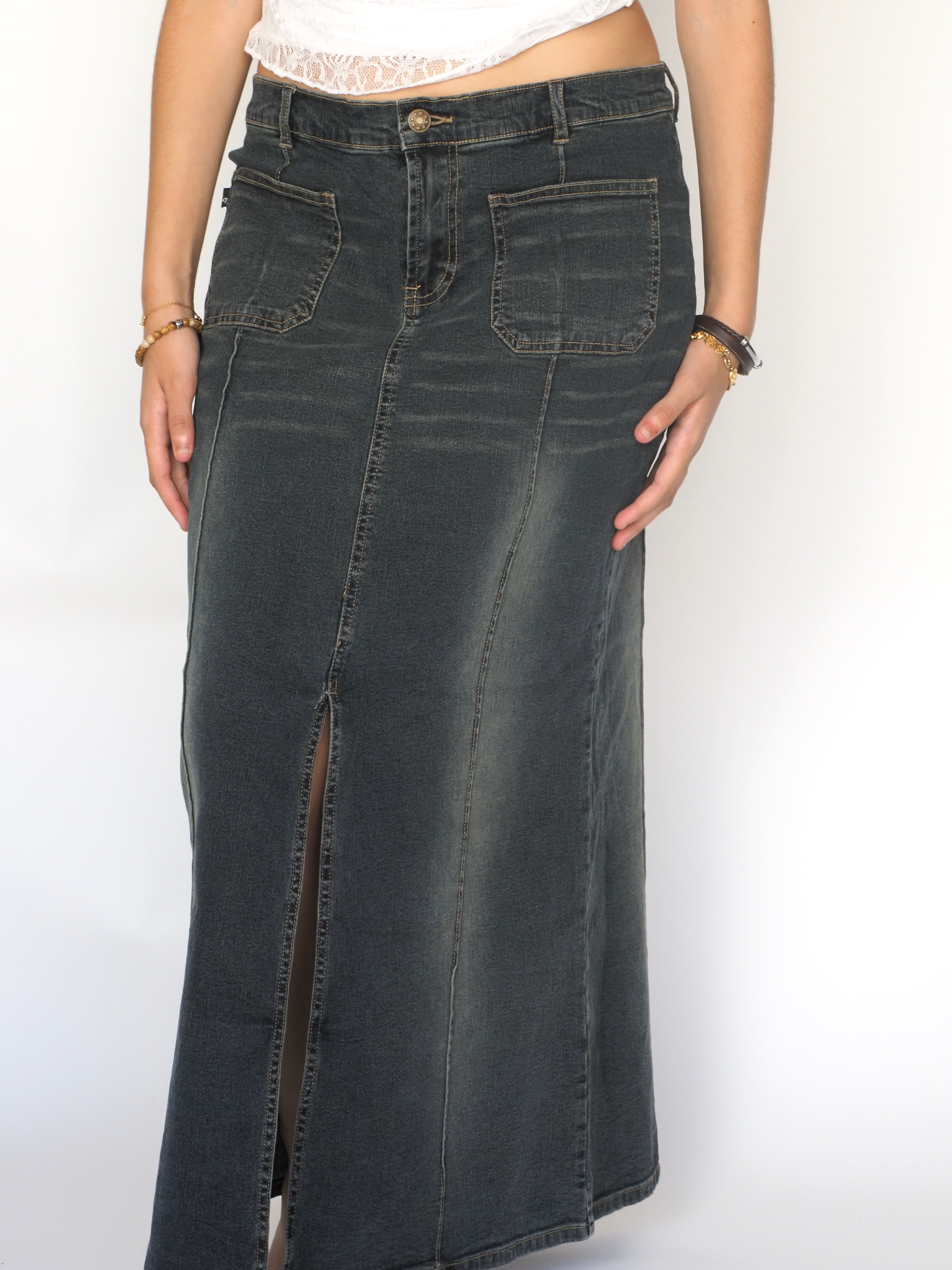 Y2K Washed Black Maxi Denim Skirt with Front Slit – I.CY