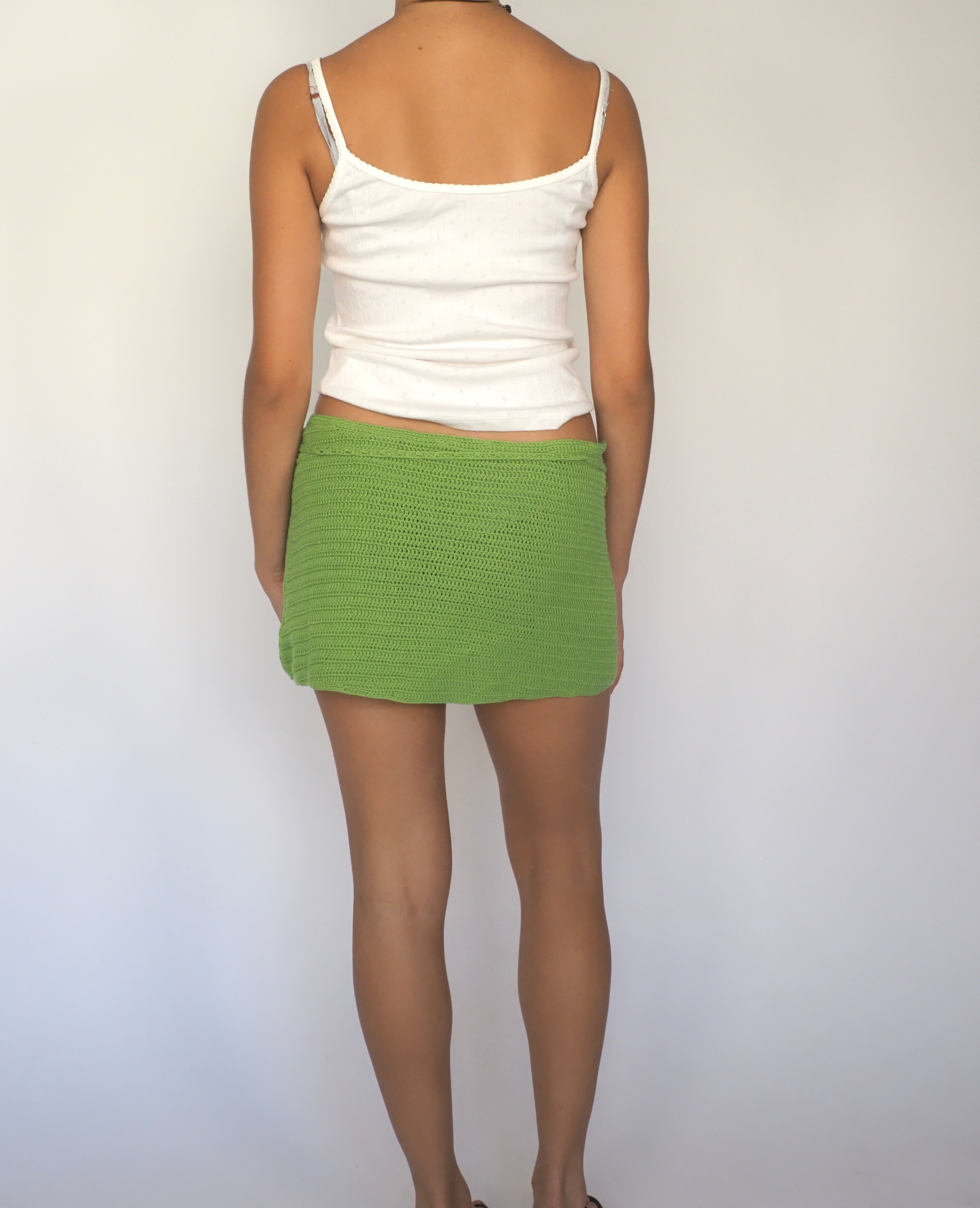 Hand-Crocheted Lime Green Micro Mini Skirt with Wooden Ring Details