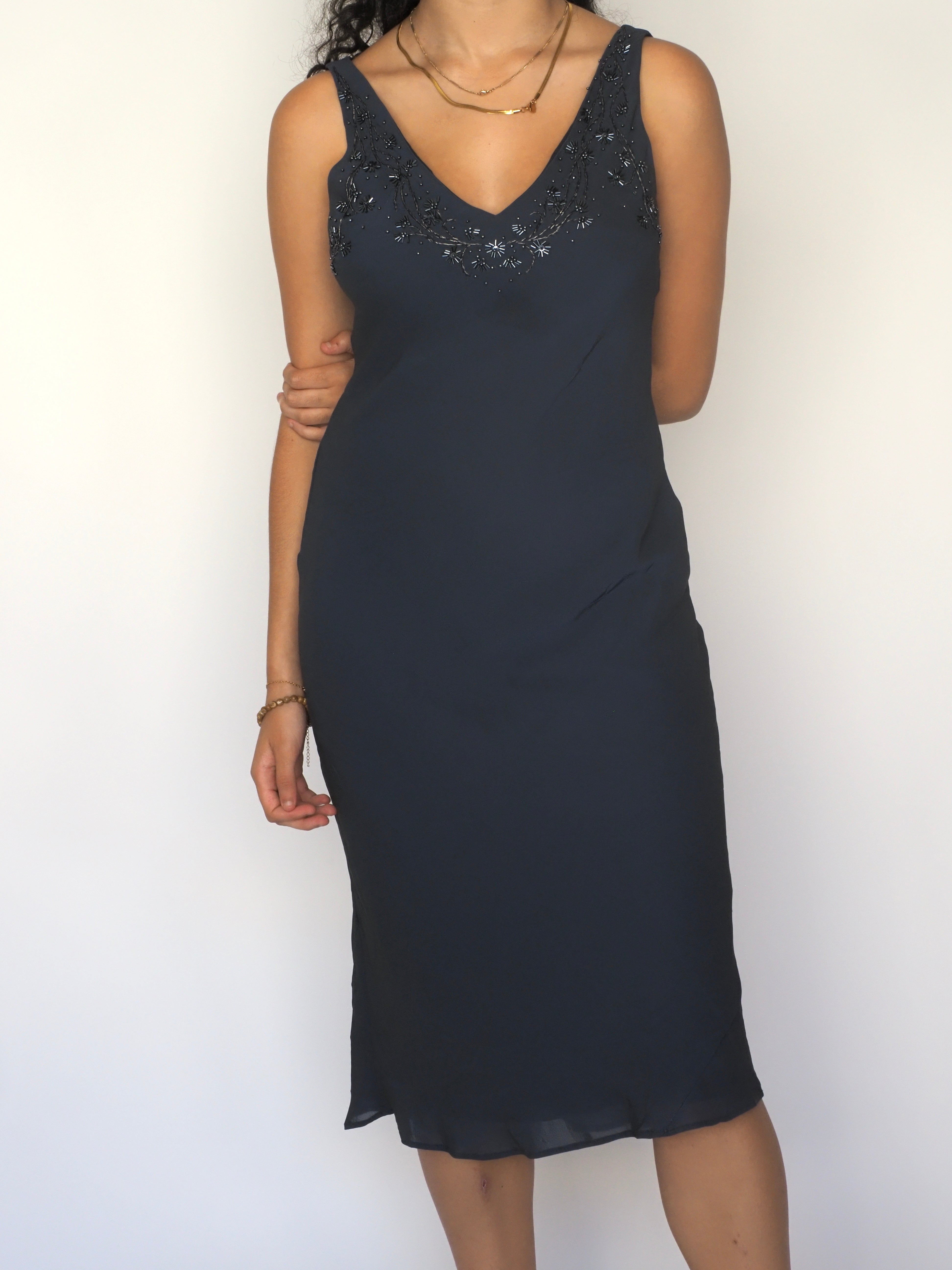 Navy Beaded Midi Slip Dress – David Lawrence