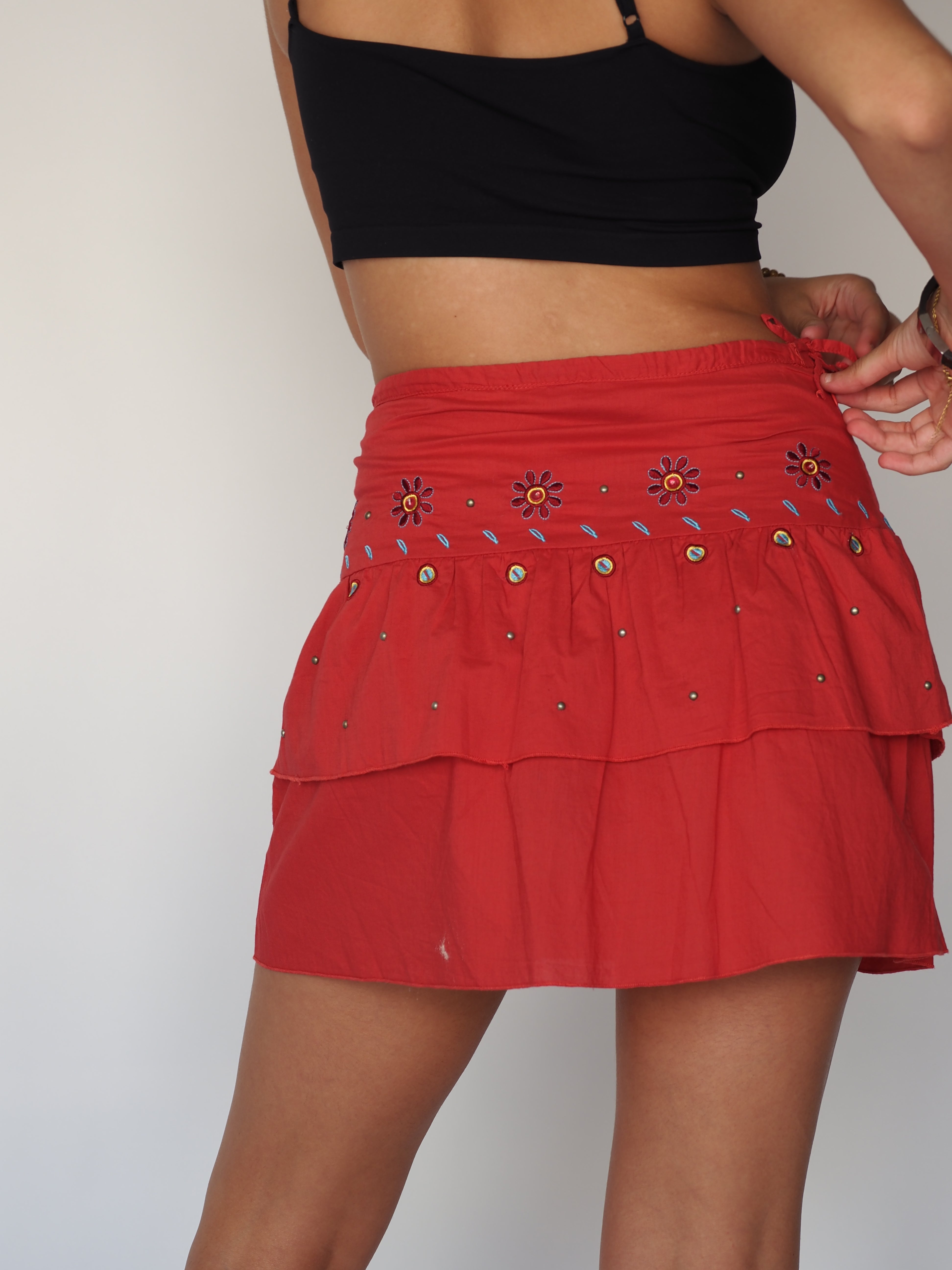 Javeline Paris Red Embroidered Daisy Tiered Mini Skirt