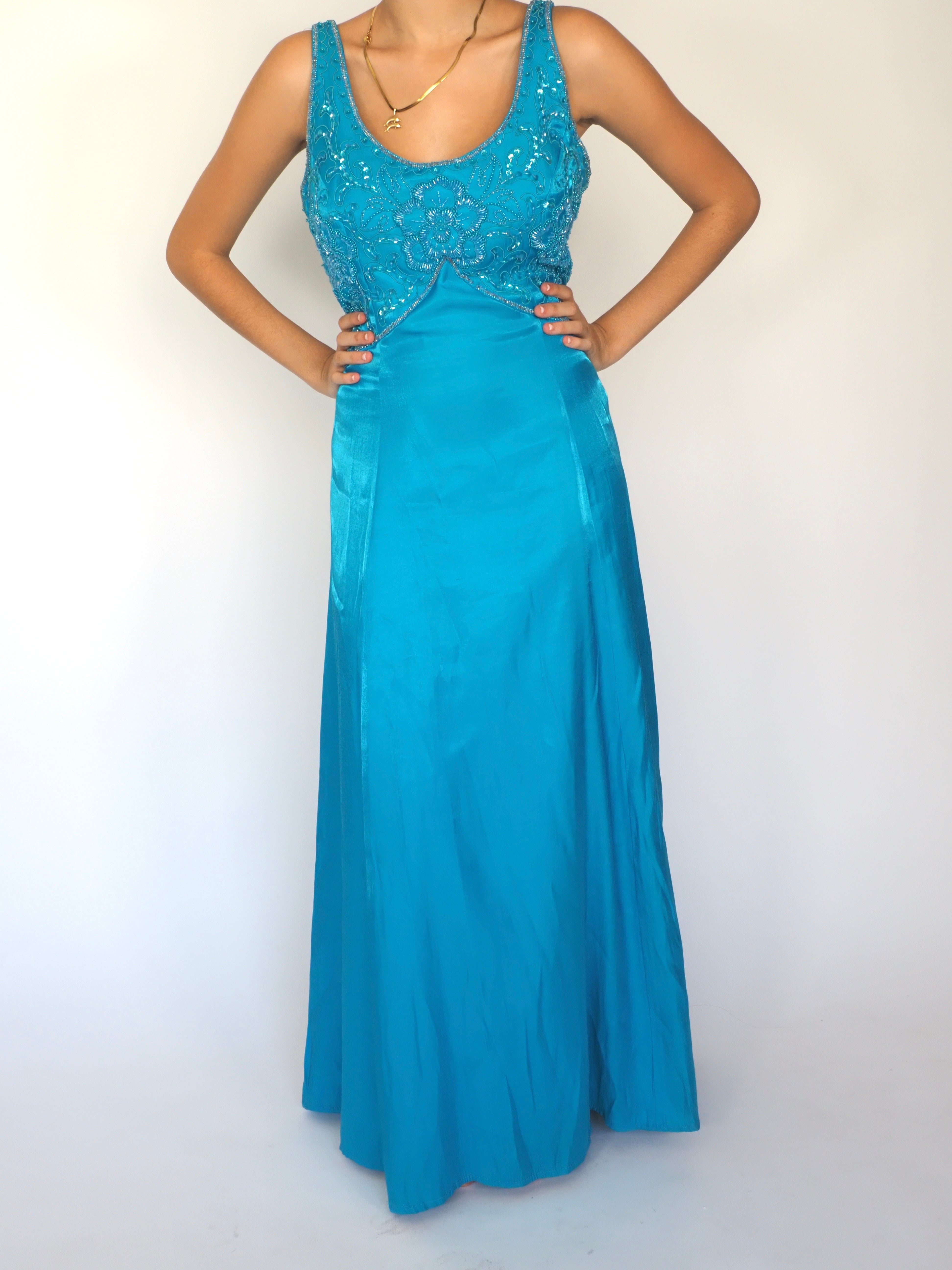 Turquoise Satin Beaded Gown with Floral Bodice