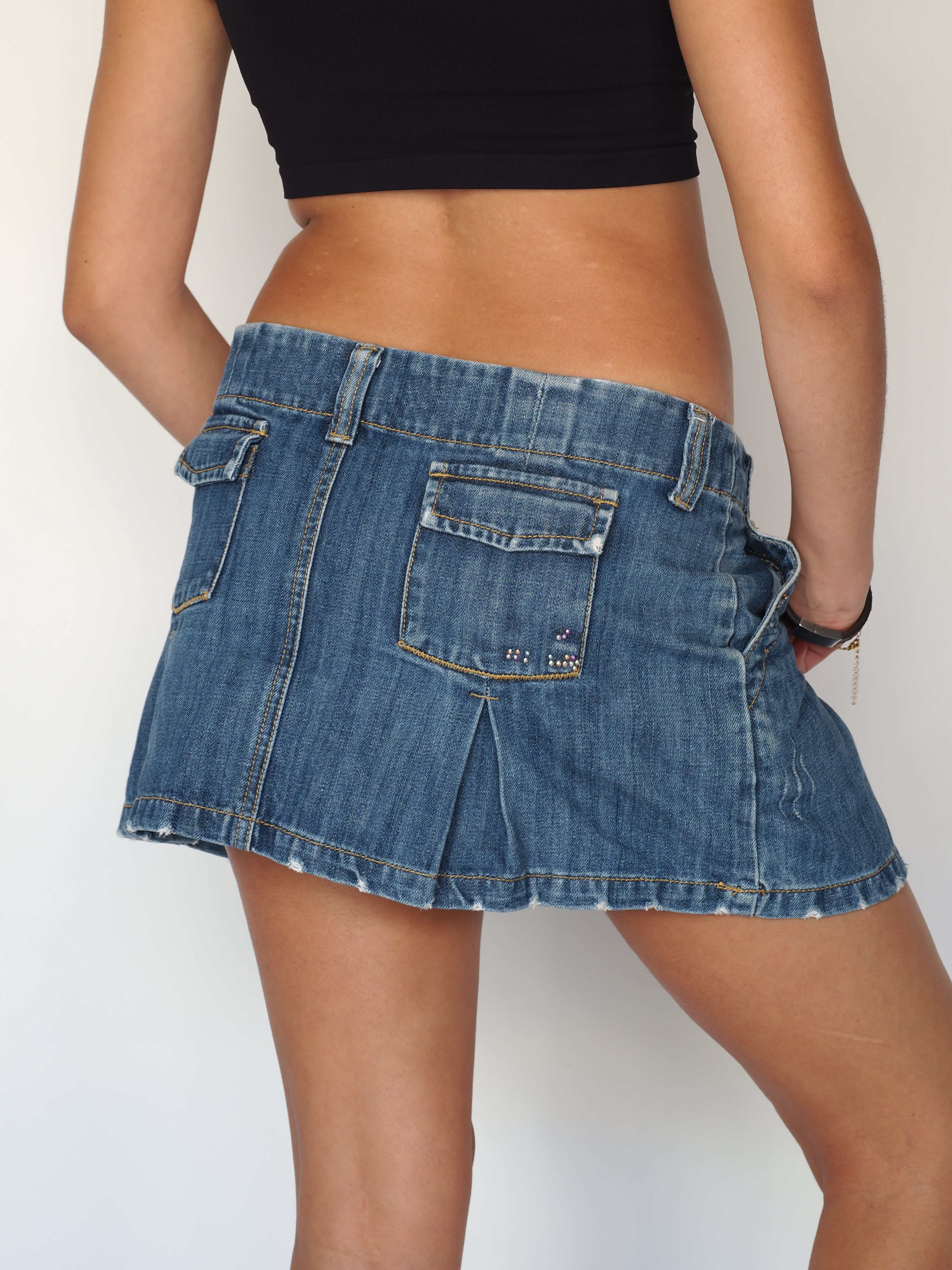 Bloom Blue Pleated Rhinestone Pocket Denim Mini Skirt